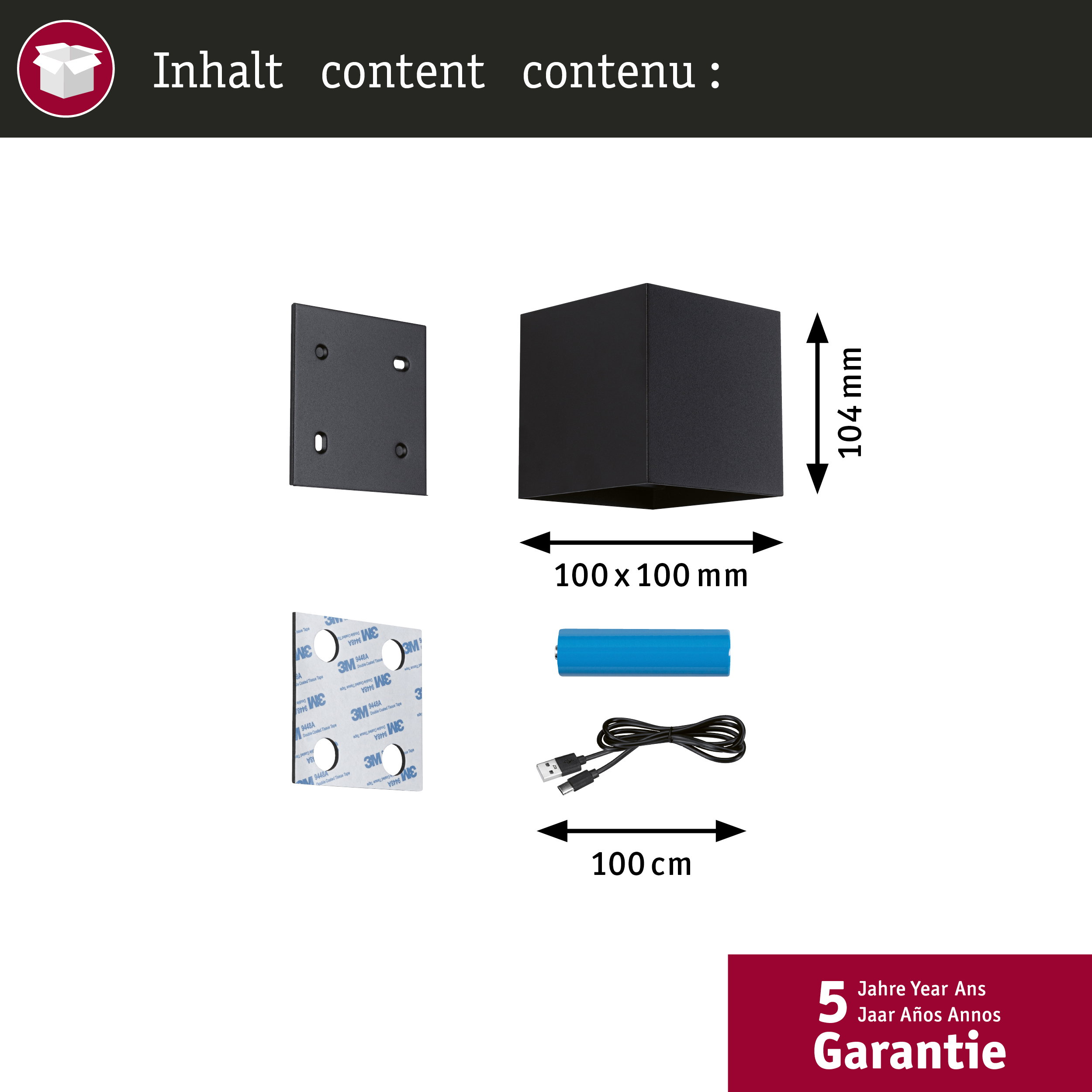 Produktinhalt mit schwarzem Gehäuse, Maßen, Montageplatte, Akku, USB-Kabel und Klebeband mit 5 Jahren Garantie.