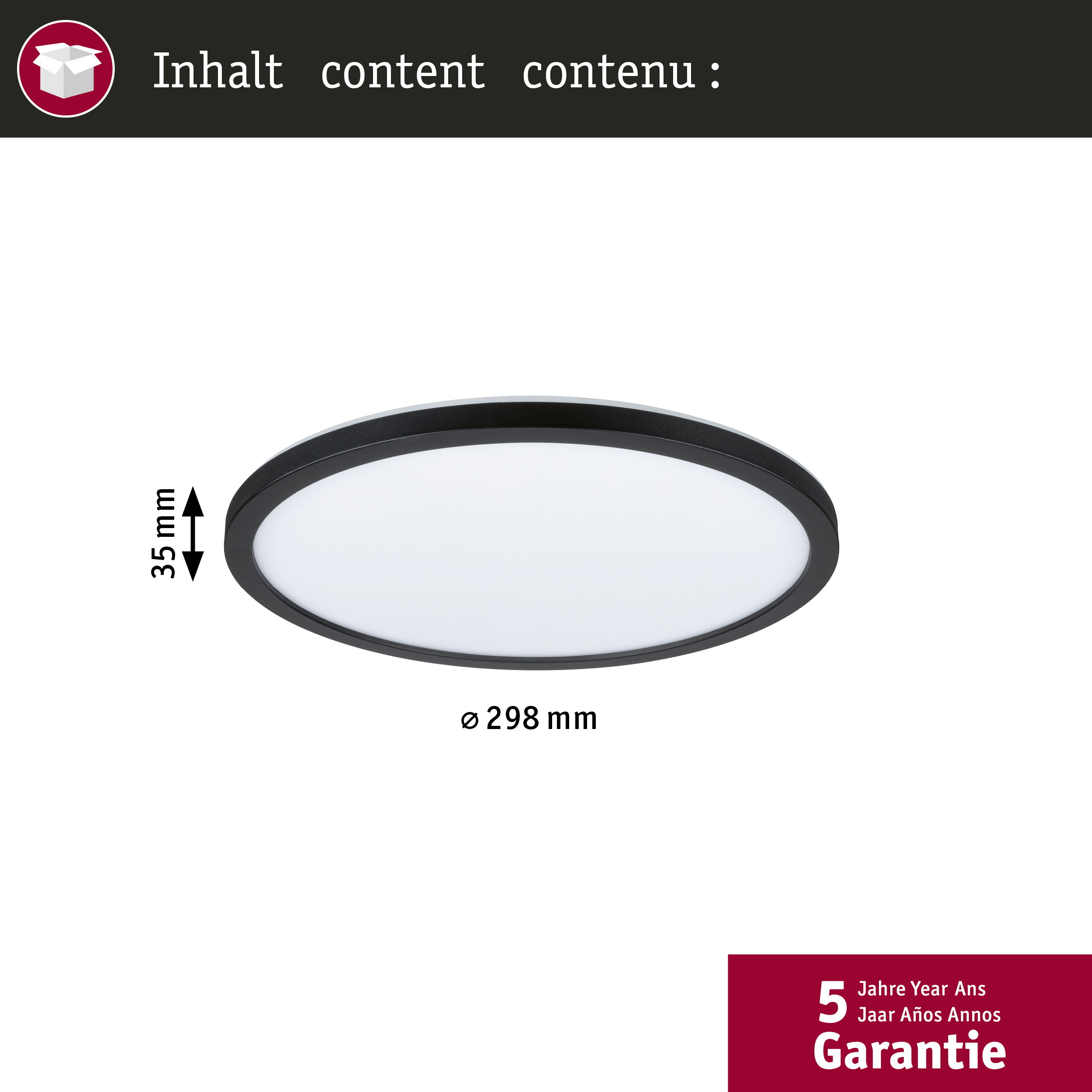 Okrągła czarna lampa sufitowa o średnicy 298 mm i wysokości 35 mm, z 5-letnią gwarancją.