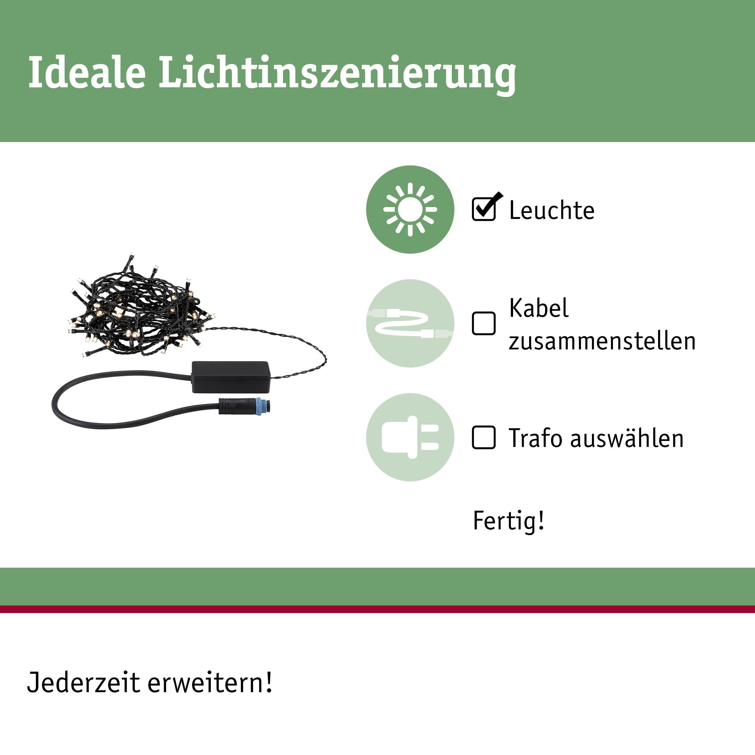 Anleitung zur Lichtinszenierung mit Leuchte, Kabel und Trafo auf grünem Hintergrund.
