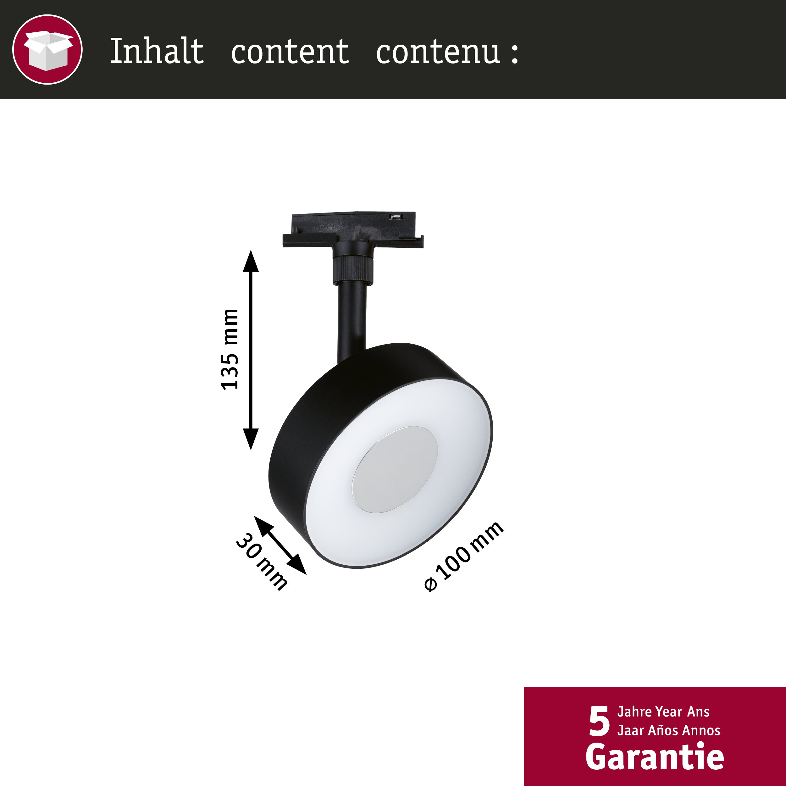 Technische Zeichnung eines schwarzen Schienenstrahlers mit Maßen: Höhe 135 mm, Durchmesser 100 mm, Tiefe 30 mm.