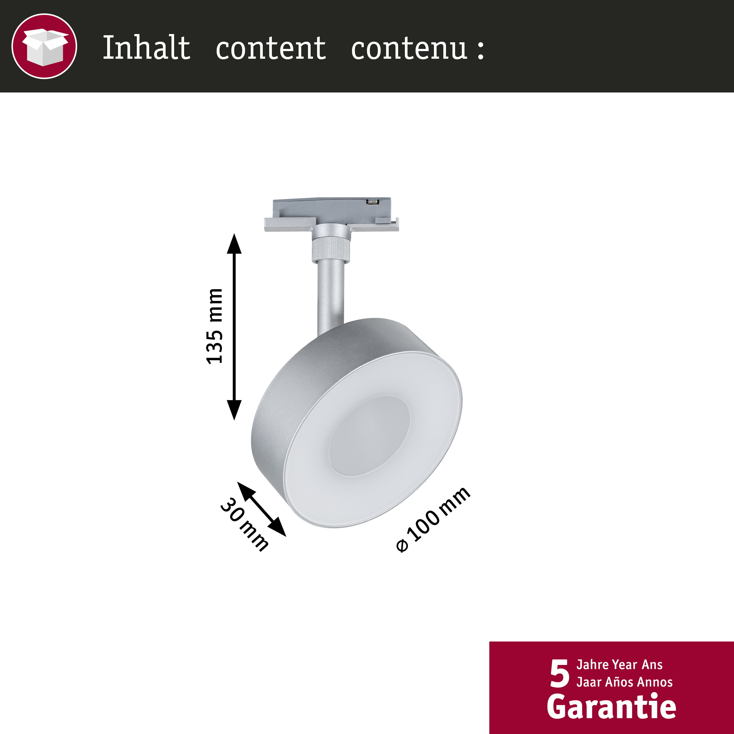 Technische Zeichnung eines silbernen Stromschienentraffers mit 135 mm Höhe, 30 mm Breite und 100 mm Durchmesser.