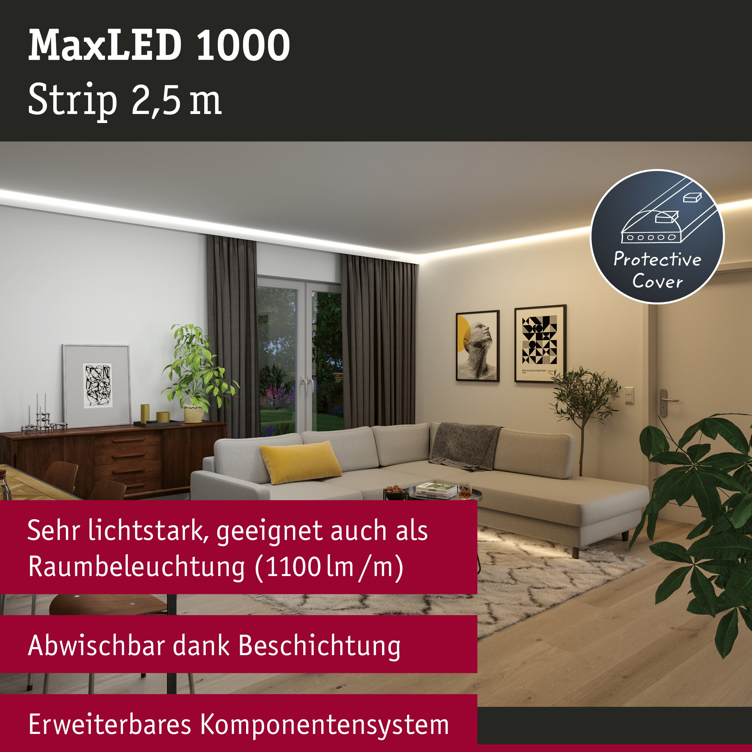 Wohnzimmer mit großem grauem Sofa, Holzanrichte, Pflanzen und LED-Streifenbeleuchtung an der Decke.
