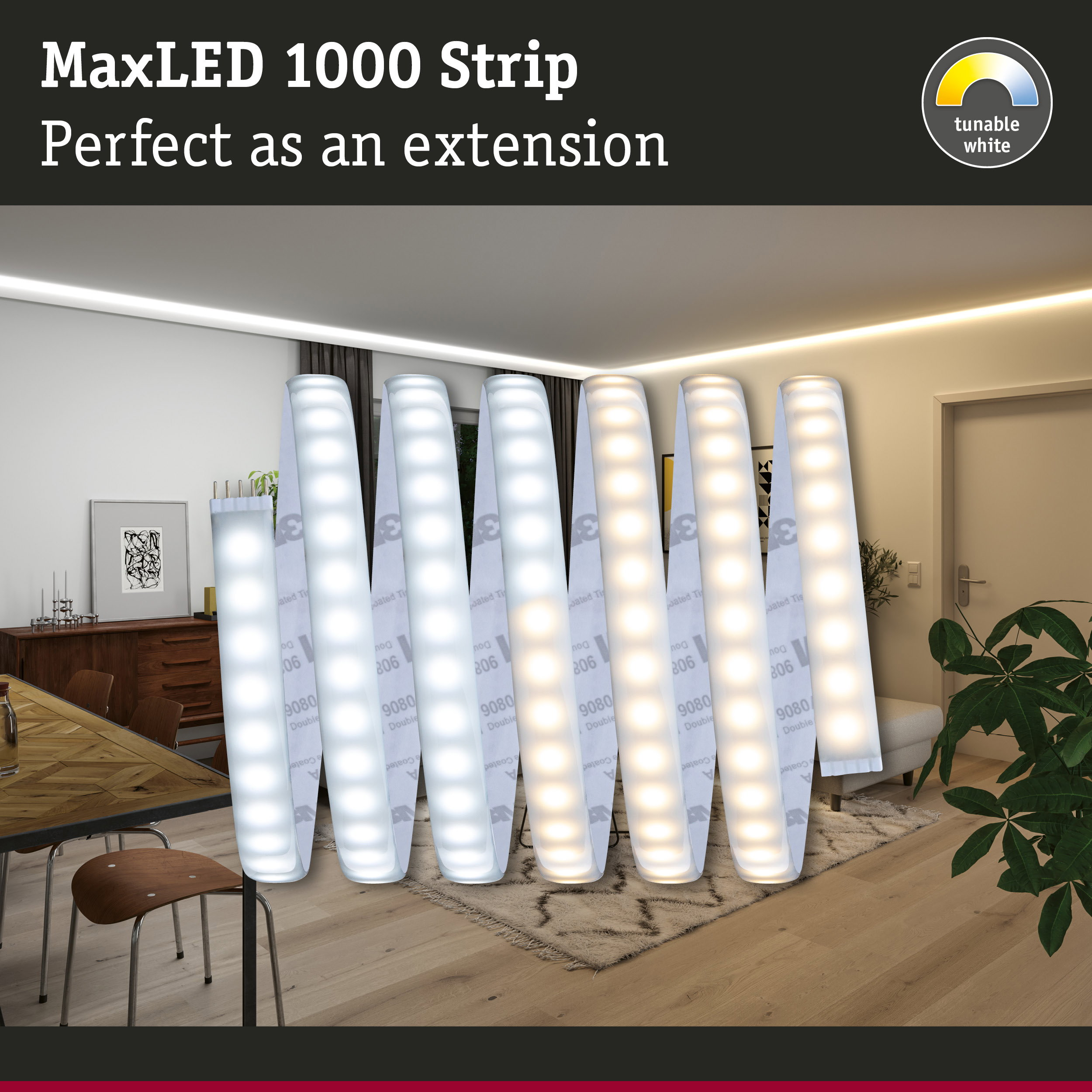 LED-Streifen mit wechselnden Lichttemperaturen in einem modern eingerichteten Wohn- und Essbereich.