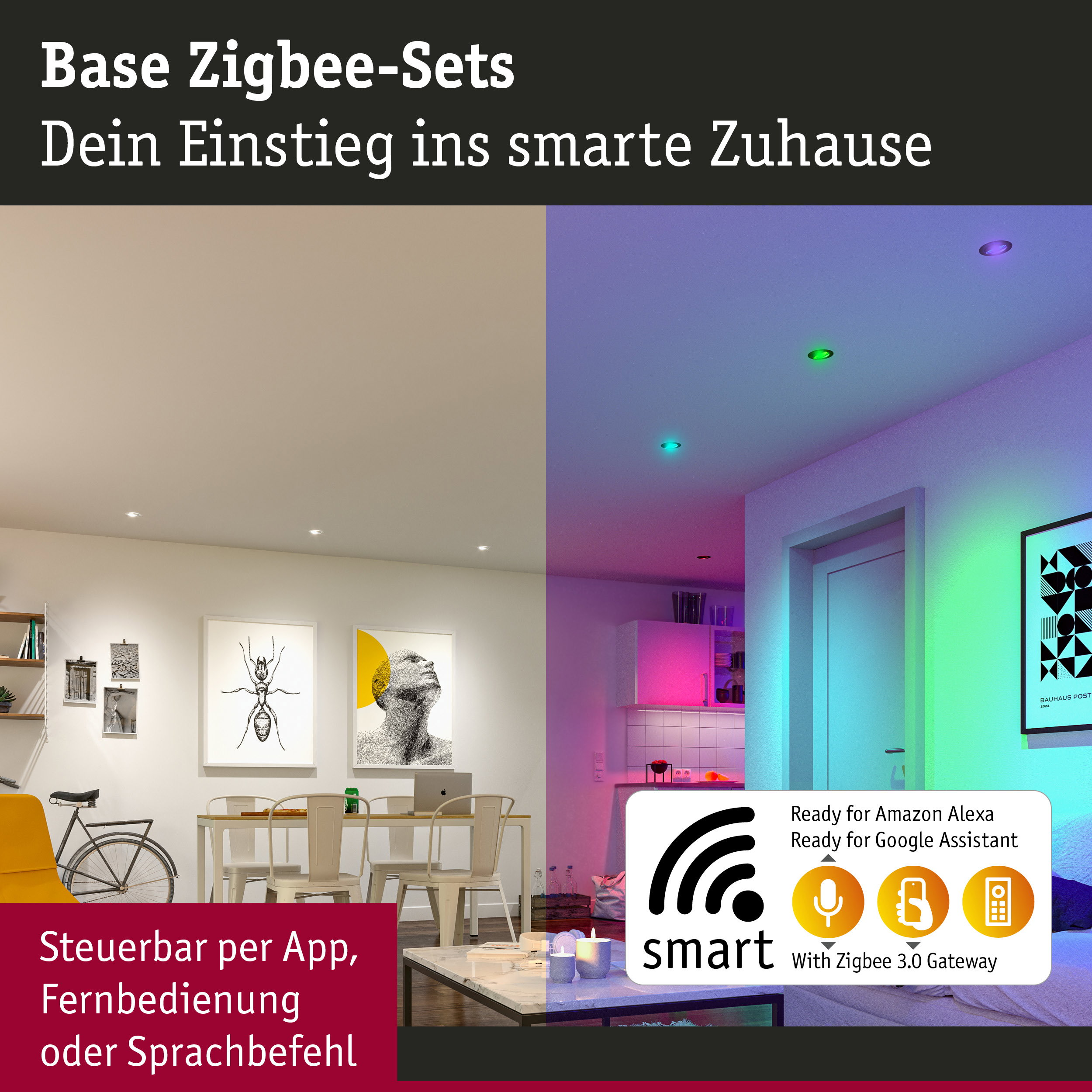 Inteligentne zestawy Zigbee z ciepłym światłem po lewej i kolorowymi światłami RGB po prawej.