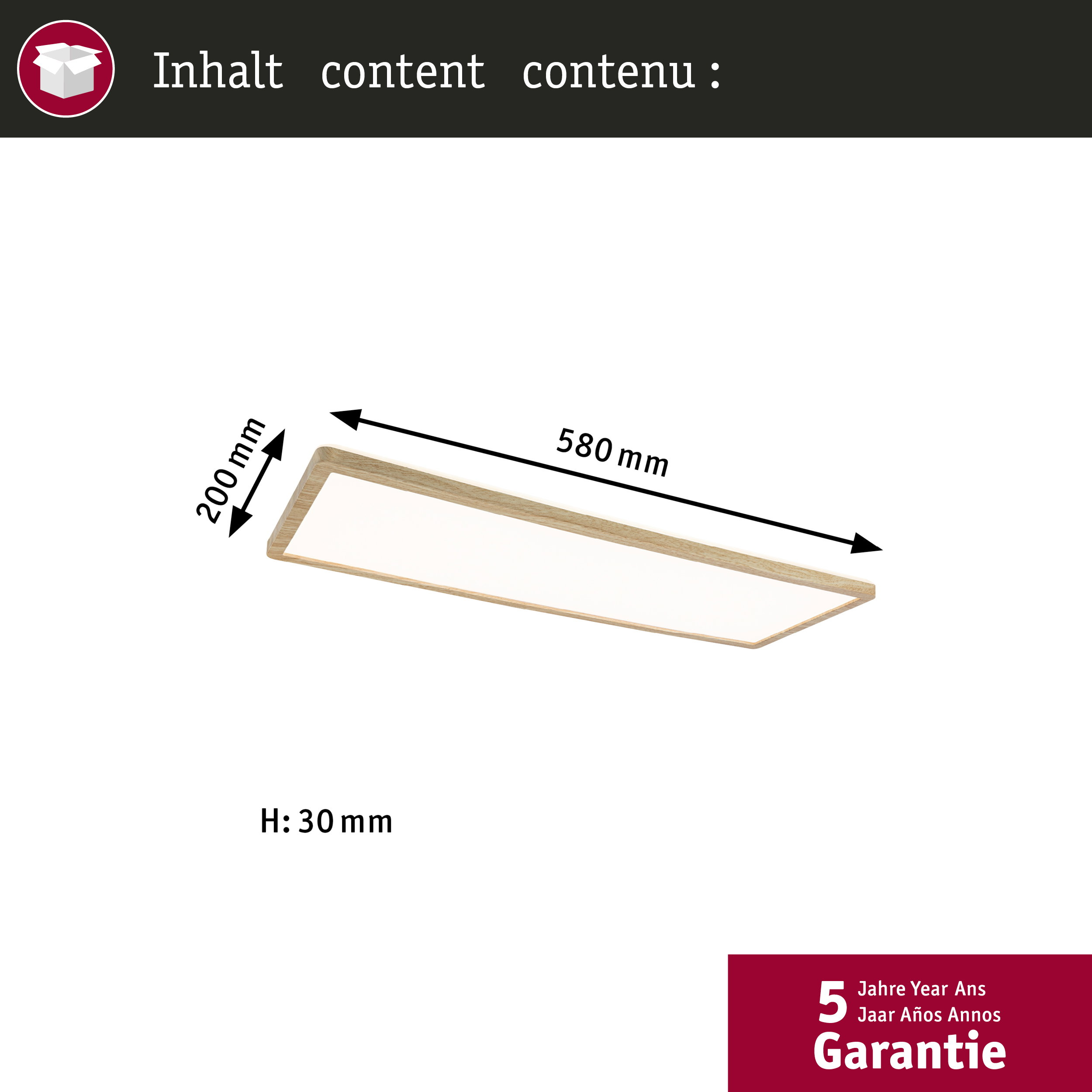 Technische Zeichnung einer rechteckigen Holzleuchte mit den Maßen 580x200x30 mm.