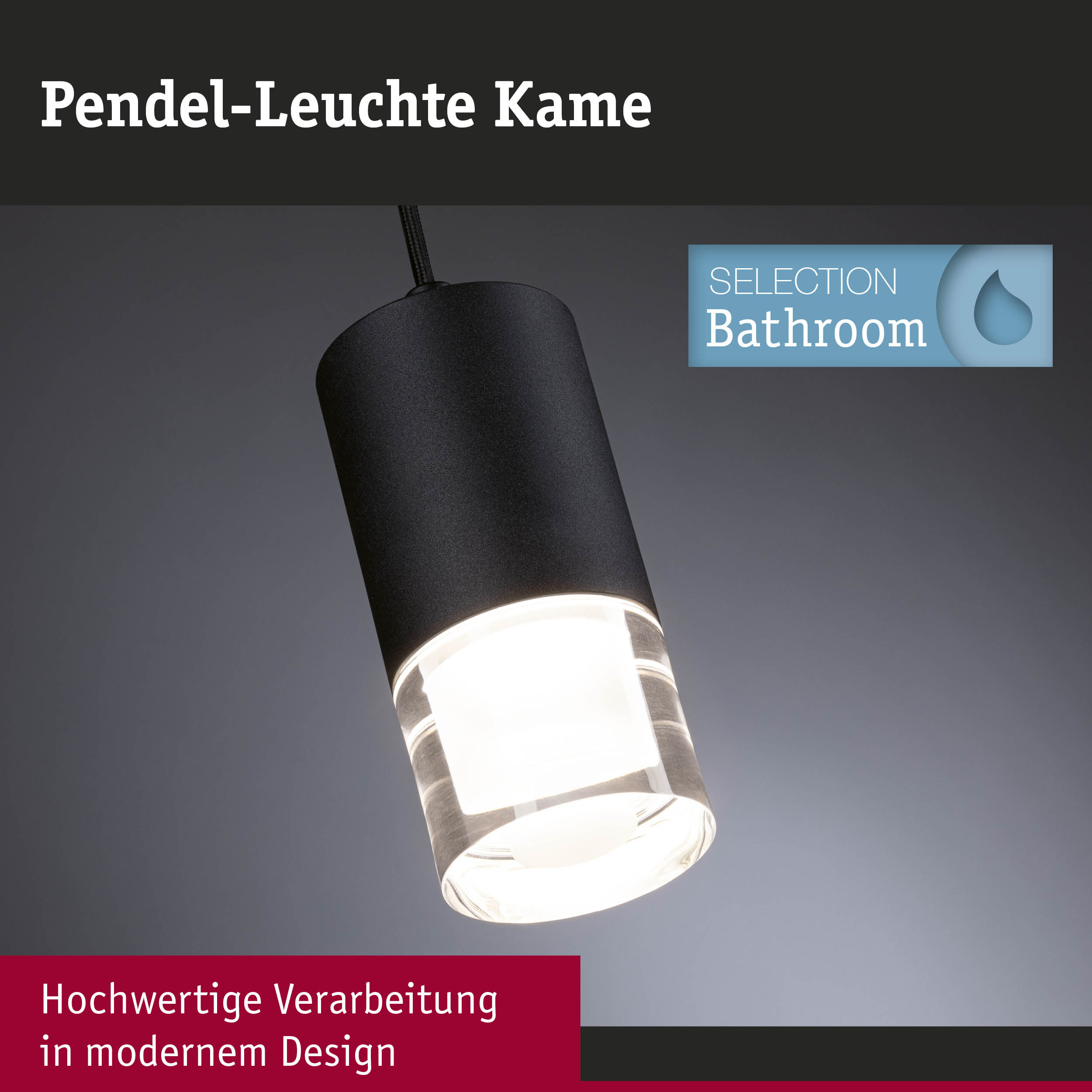 Moderna lampada a sospensione nera Kame con elemento in acrilico illuminato su sfondo grigio.