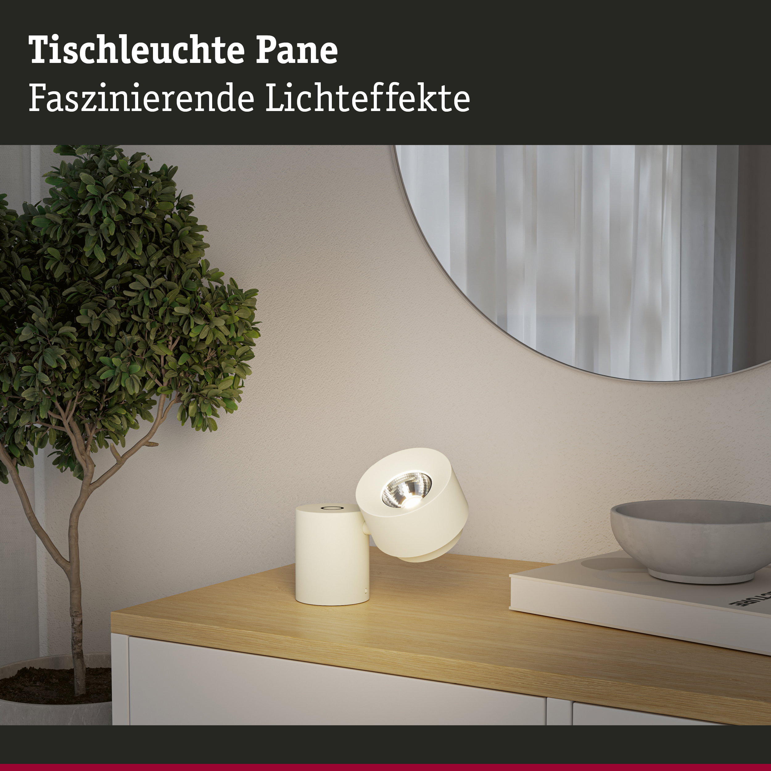Eine kleine weiße Tischleuchte auf einem Holztisch, daneben ein Buch mit Schale und eine Grünpflanze.