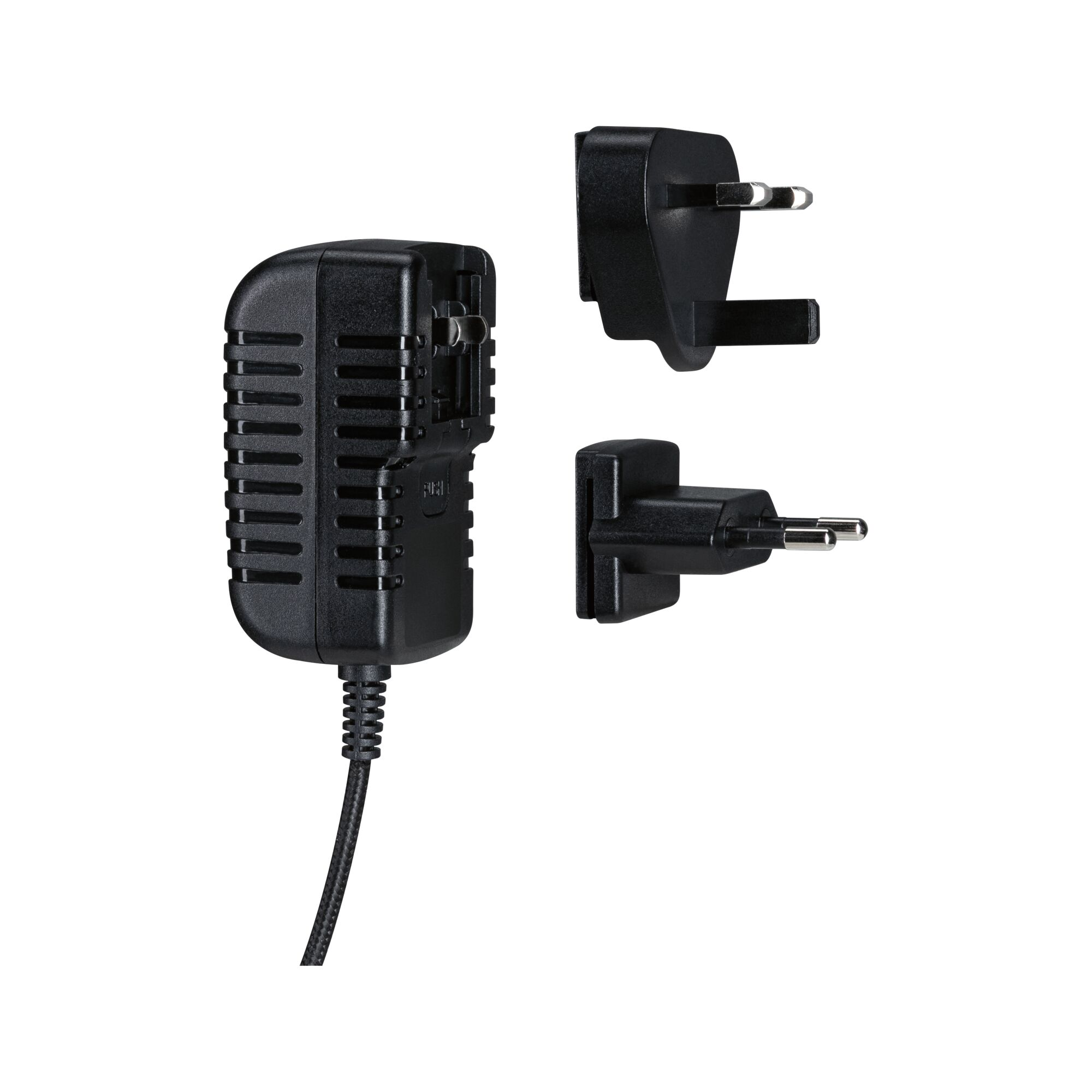 Ein schwarzes Netzteil mit Kabel und zwei austauschbaren Steckern auf weißem Hintergrund.