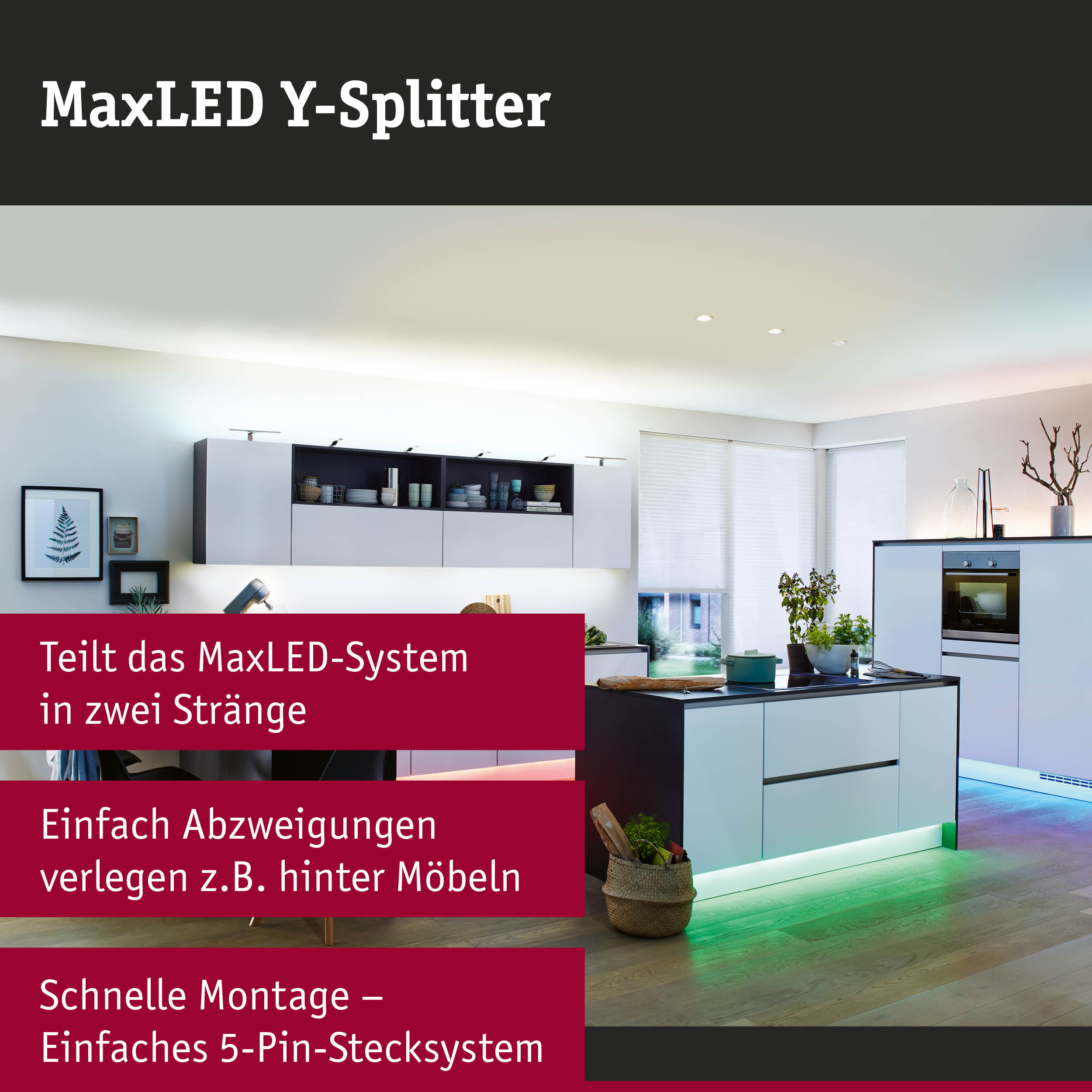 Moderne Küche mit weiß-schwarzen Möbeln und indirekter LED-Beleuchtung in Grün und Rot.