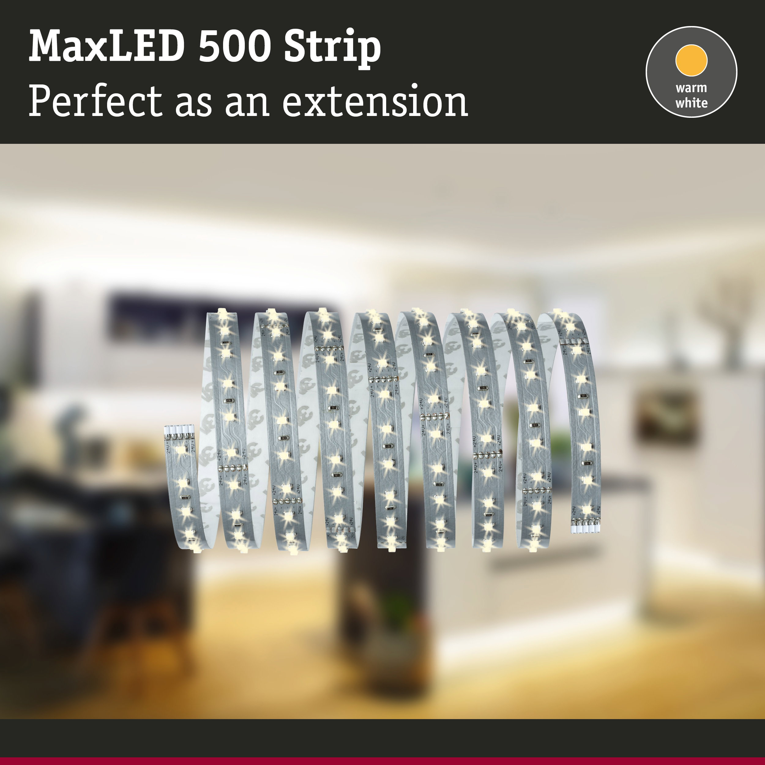 Aufgerollter MaxLED 500 Streifen in Warmweiß vor einer verschwommenen Küche.