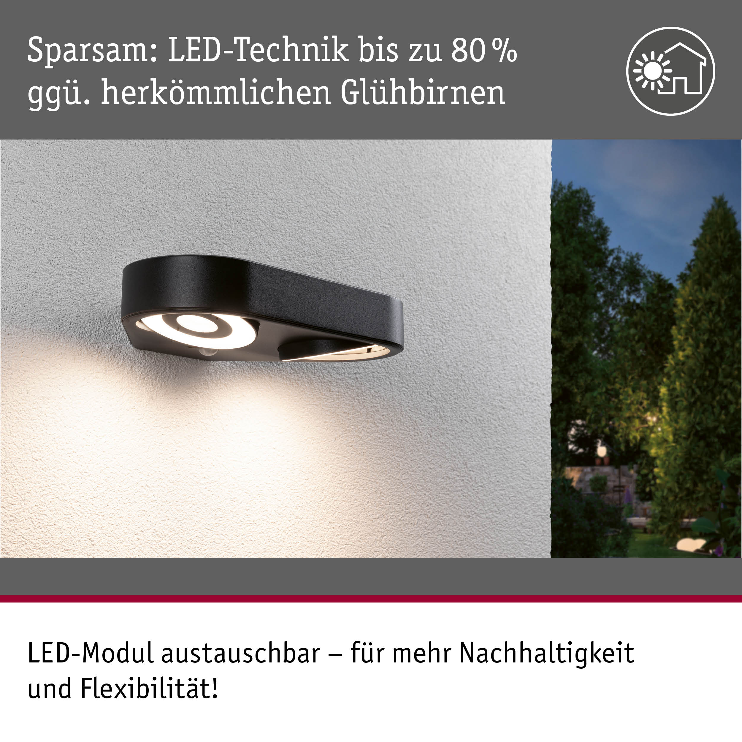 Nowoczesna czarna zewnętrzna lampa ścienna na białej ścianie z tekstem o technologii LED.