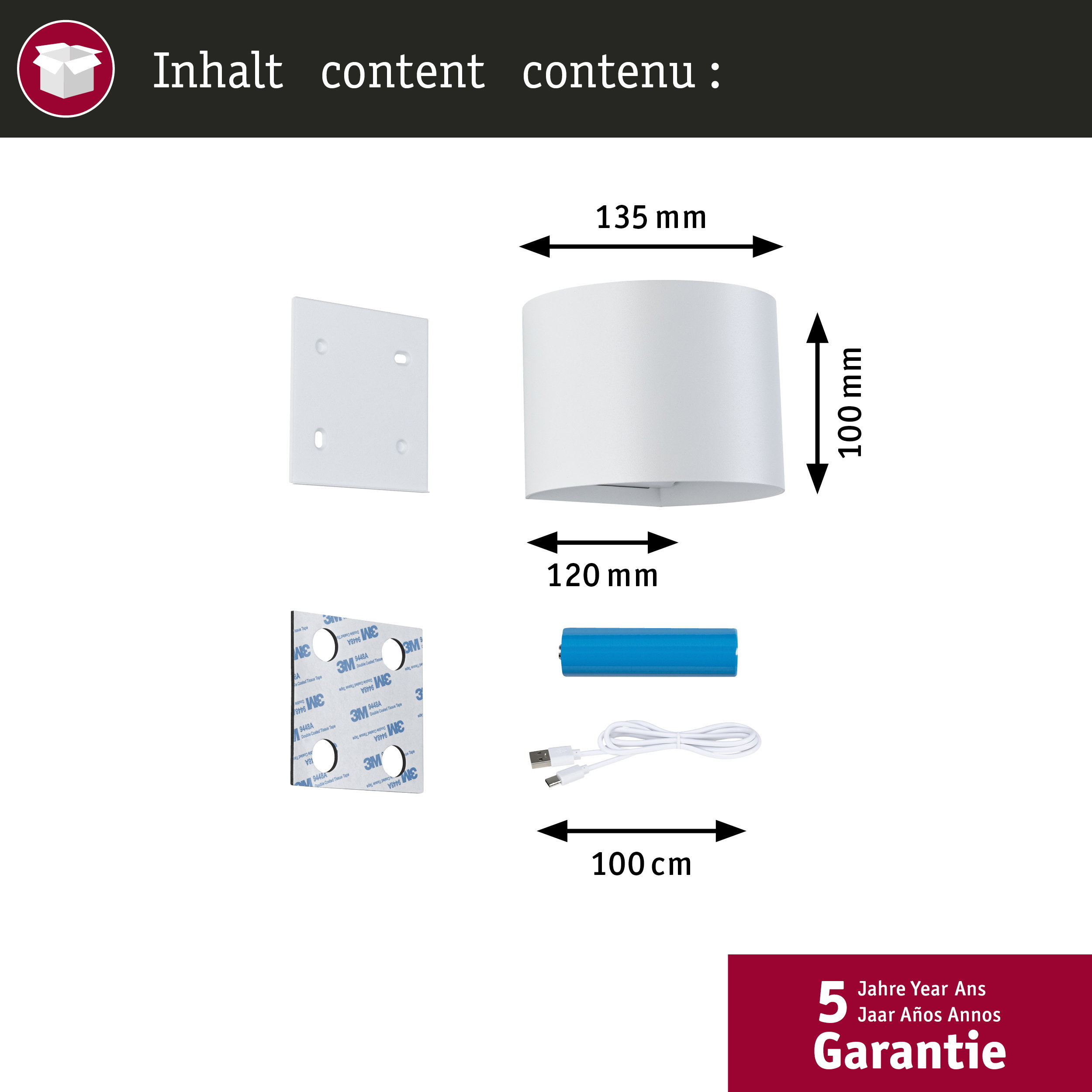 Zawartość białej lampy ściennej z wymiarami, płytą montażową, taśmą klejącą, baterią i kablem USB.