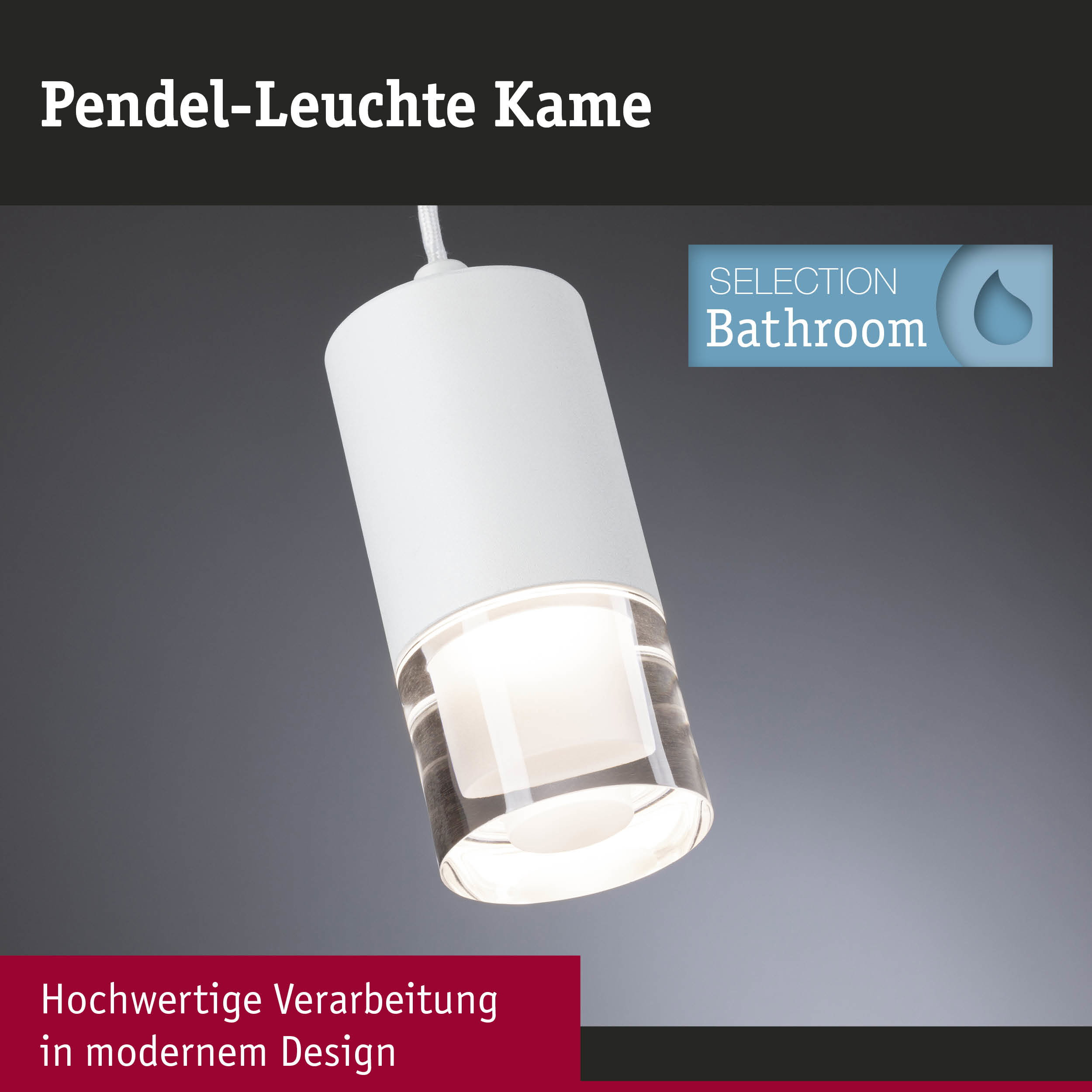 Biała cylindryczna lampa wisząca z przezroczystym szklanym brzegiem na szarym tle.