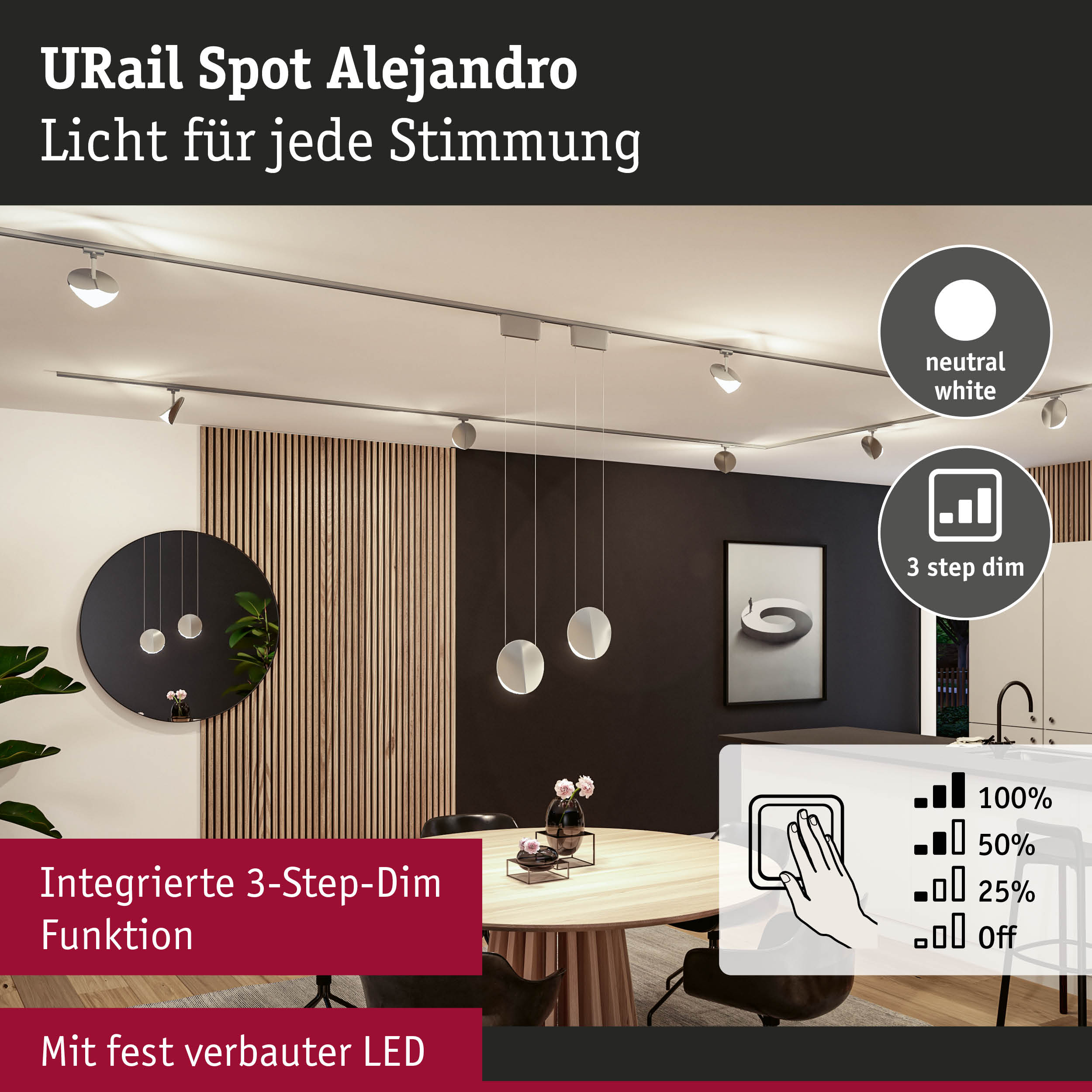 Modernes Esszimmer beleuchtet durch Schienenstrahler mit integrierter 3-Stufen-Dimmfunktion und runder Pendelleuchte.