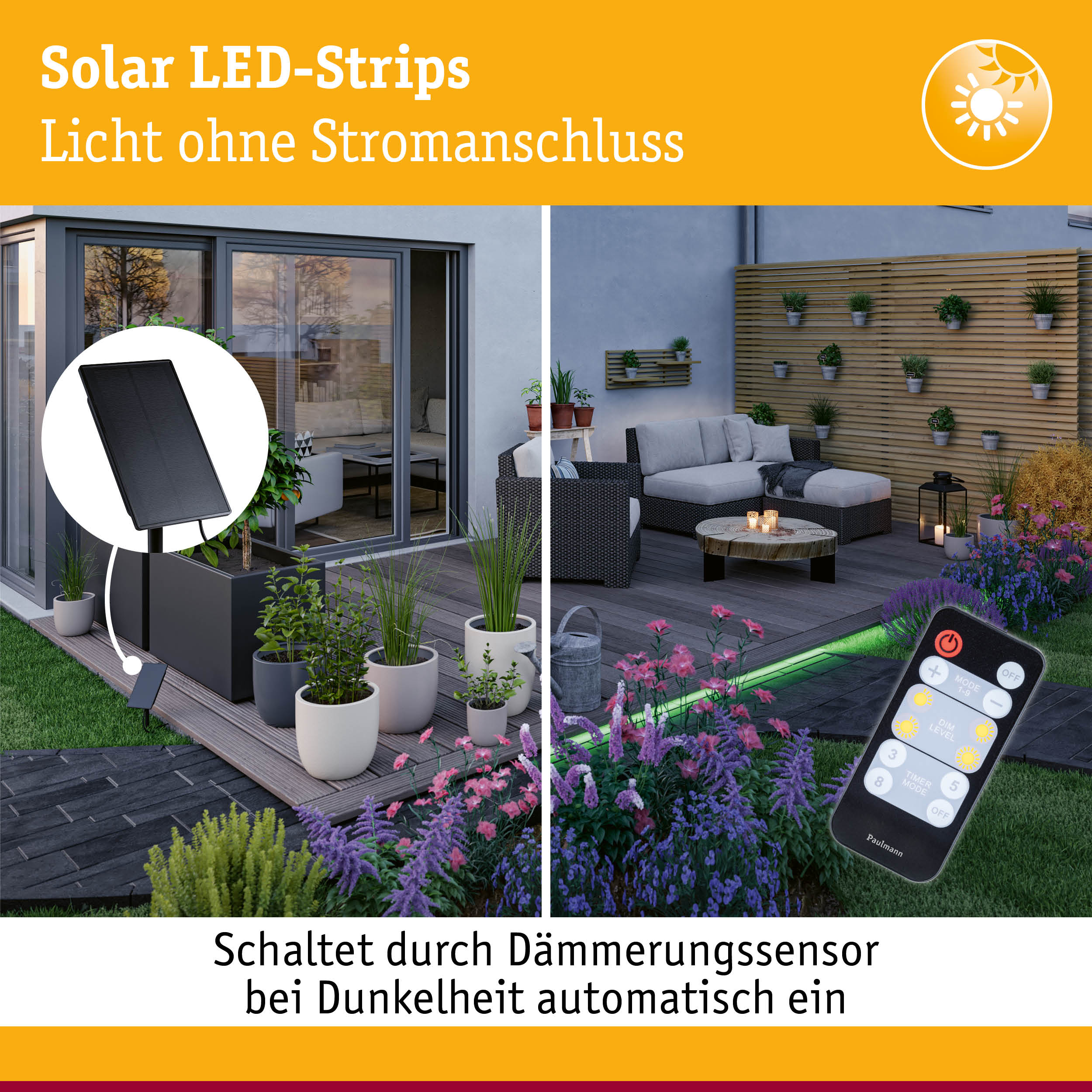 Solar-LED-Strips mit Dämmerungssensor beleuchten eine moderne Terrasse bei Nacht, gesteuert per Fernbedienung.