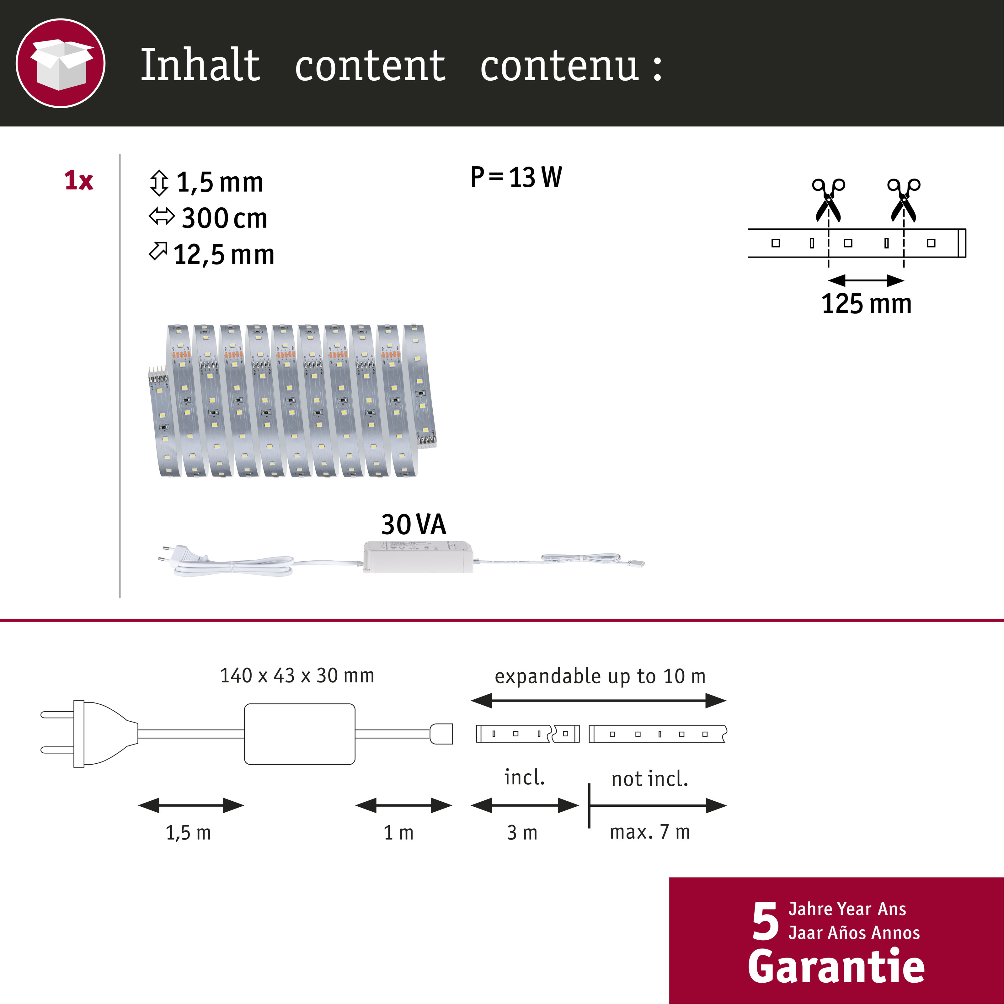 Technische Daten eines LED-Strips mit 3m Länge, 13W, Netzteil und 5 Jahren Garantie.