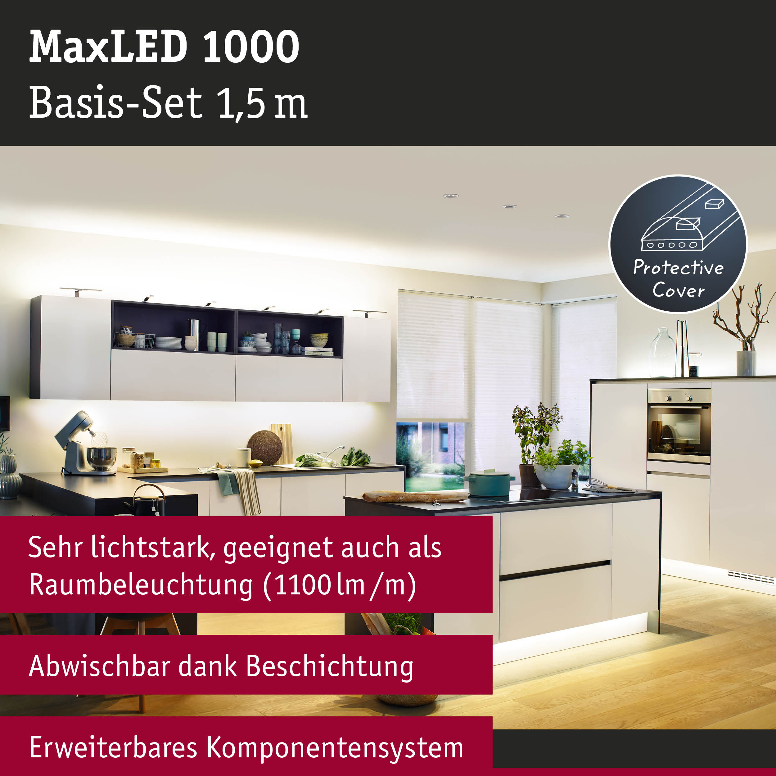 Moderne weiße Küche mit LED-Beleuchtung unter den Schränken und an der Kochinsel.