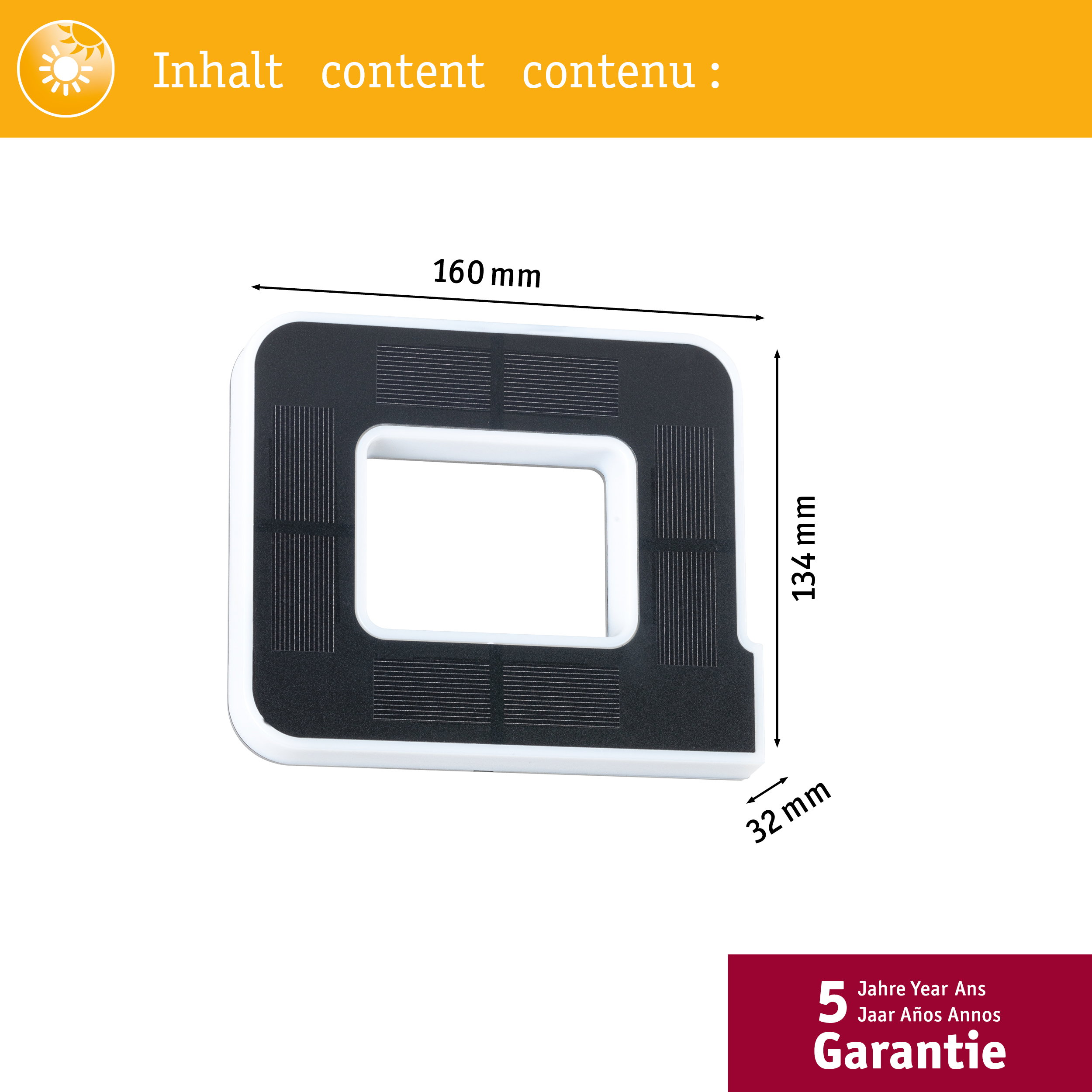 Quadratisches, weiß-schwarzes Solarmodul mit Maßen: 160x134x32 mm vor weißem Hintergrund.