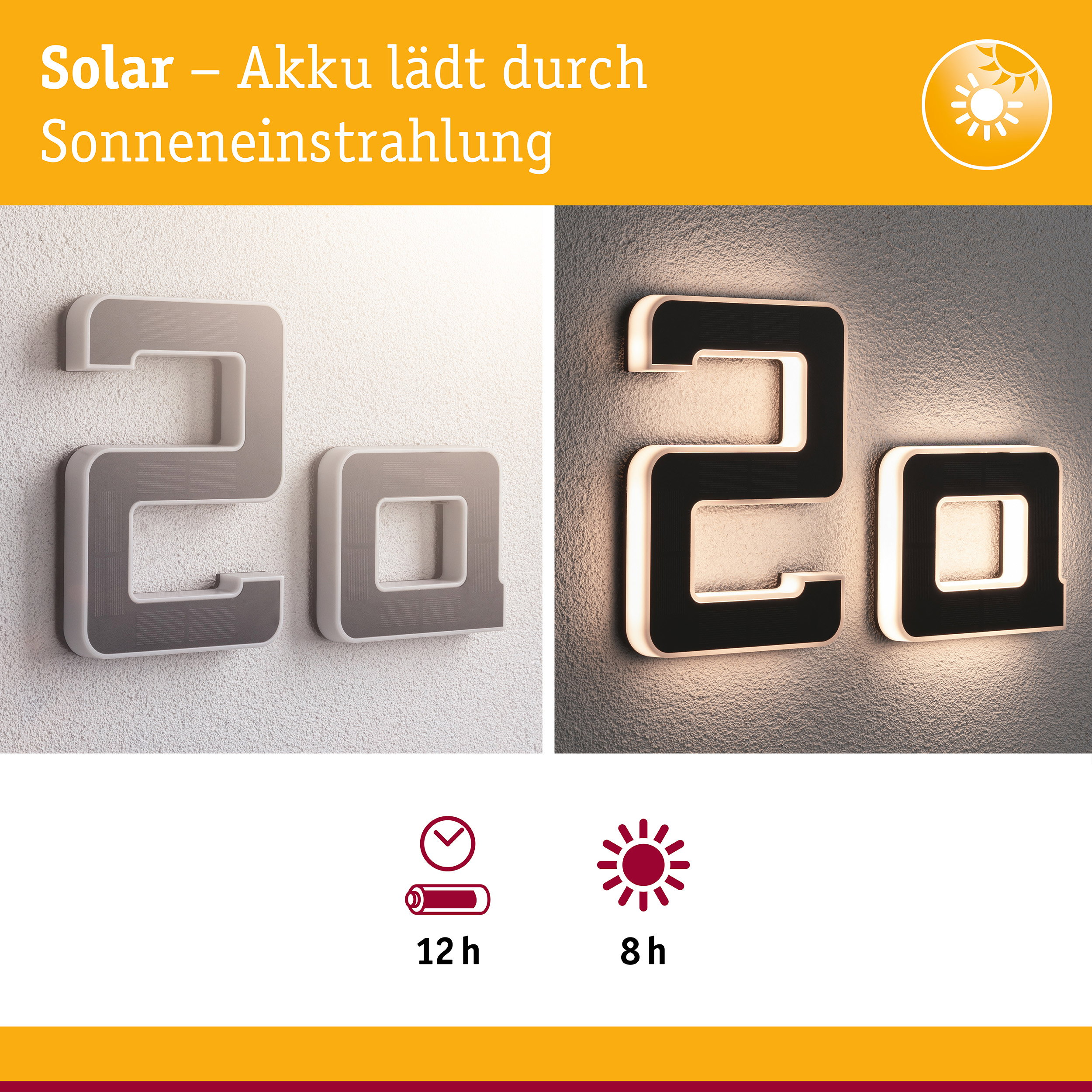 Solarbeleuchtete Hausnummer 2a, Tag- und Nachtvergleich mit Lade- und Leuchtzeit.