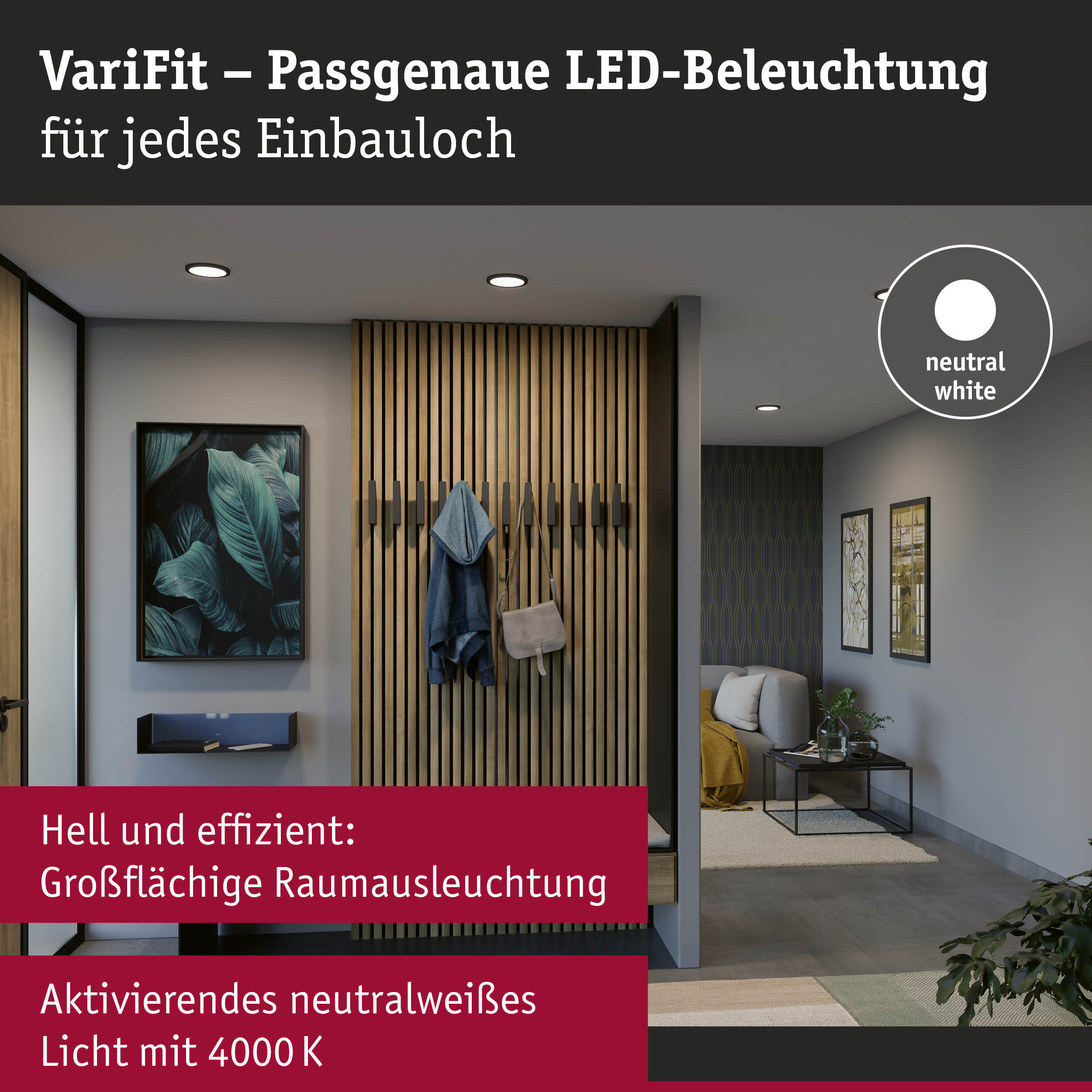 Flur mit Holzpanelen, Jacken, Bildern und runden LED-Deckenleuchten für neutralweißes Licht.