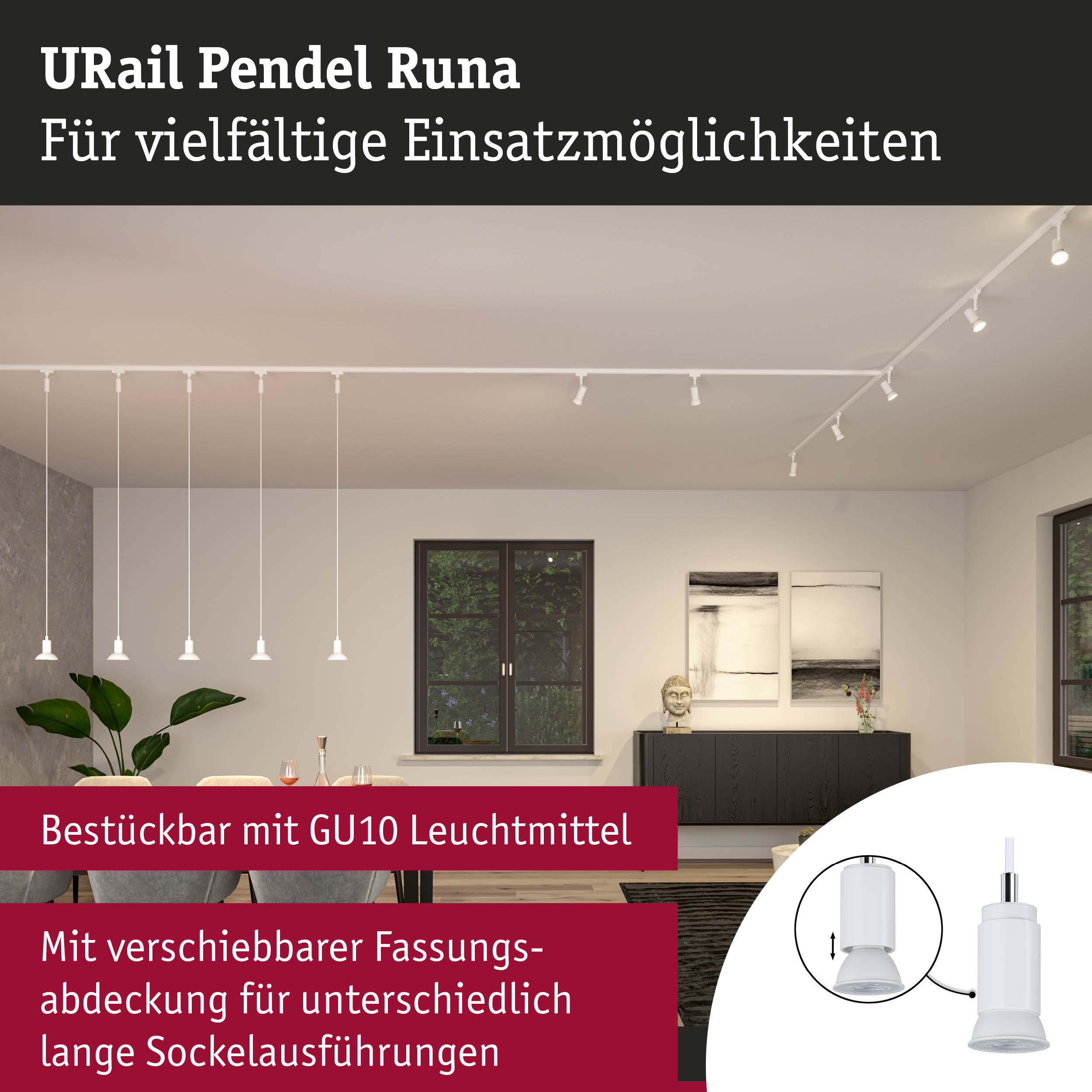Moderne weiße Schienenbeleuchtung an einer Decke in einem eleganten Wohnzimmer.