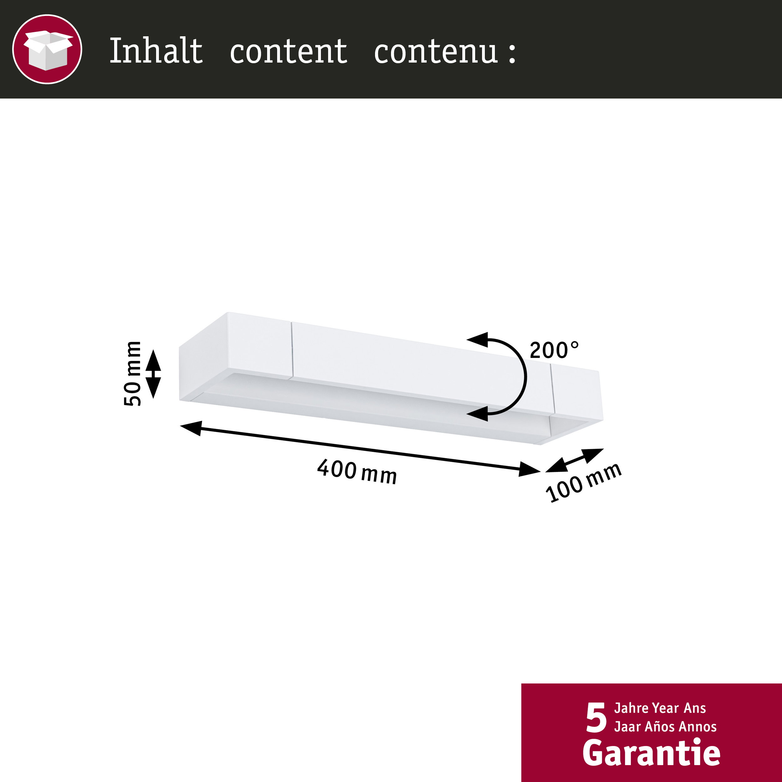 Schemat białej, prostokątnej lampy ściennej o wymiarach 400x100x50 mm i obrocie 200 stopni.