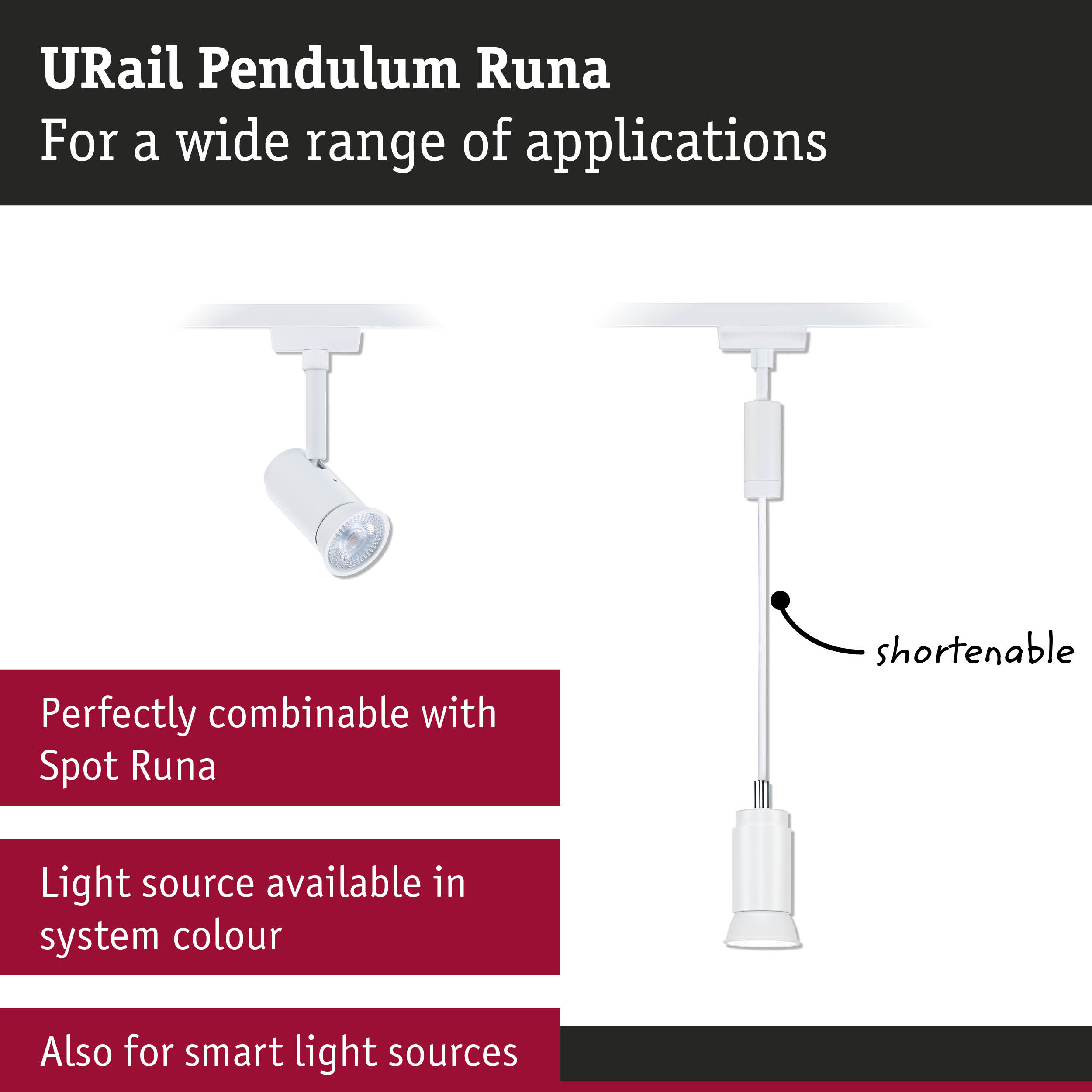 URail Pendulum Runa Leuchte mit verstellbarem Spot und kürzbarem Kabel auf weißem Hintergrund mit Text.
