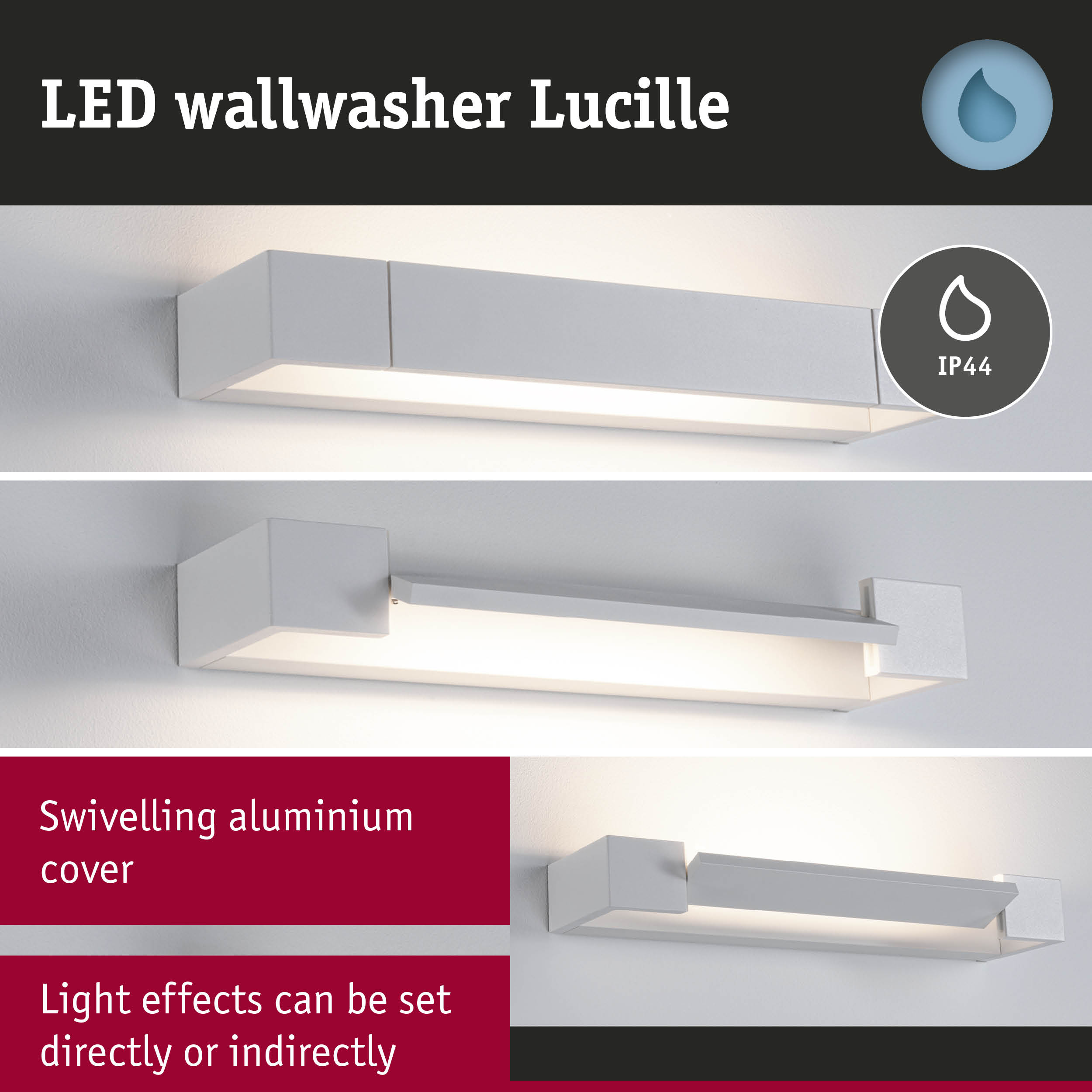 Kinkiet LED Lucille z obrotową aluminiową osłoną do oświetlenia bezpośredniego i pośredniego.