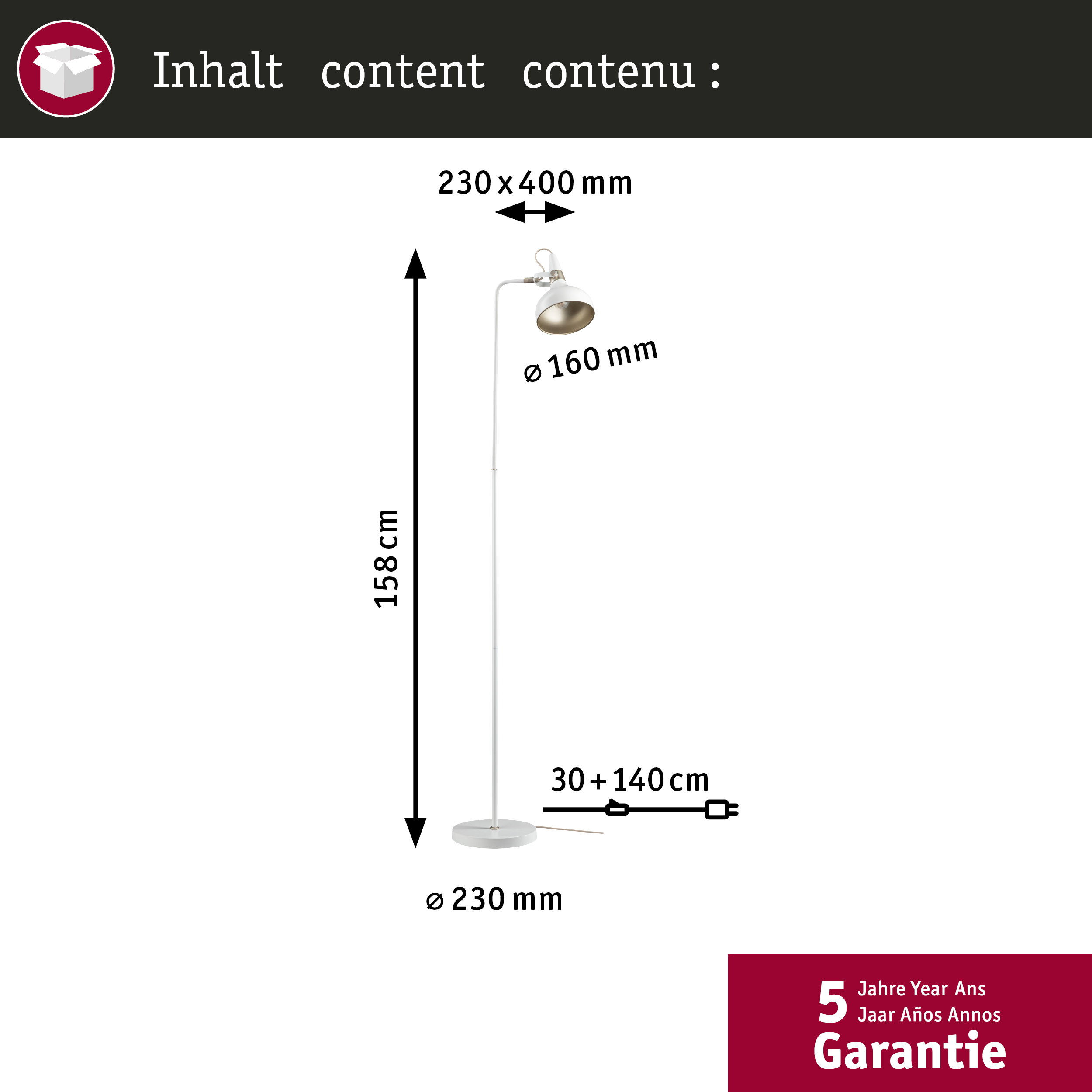 Schemat białej lampy podłogowej z wymiarami, wysokością 158 cm i 5-letnią gwarancją.