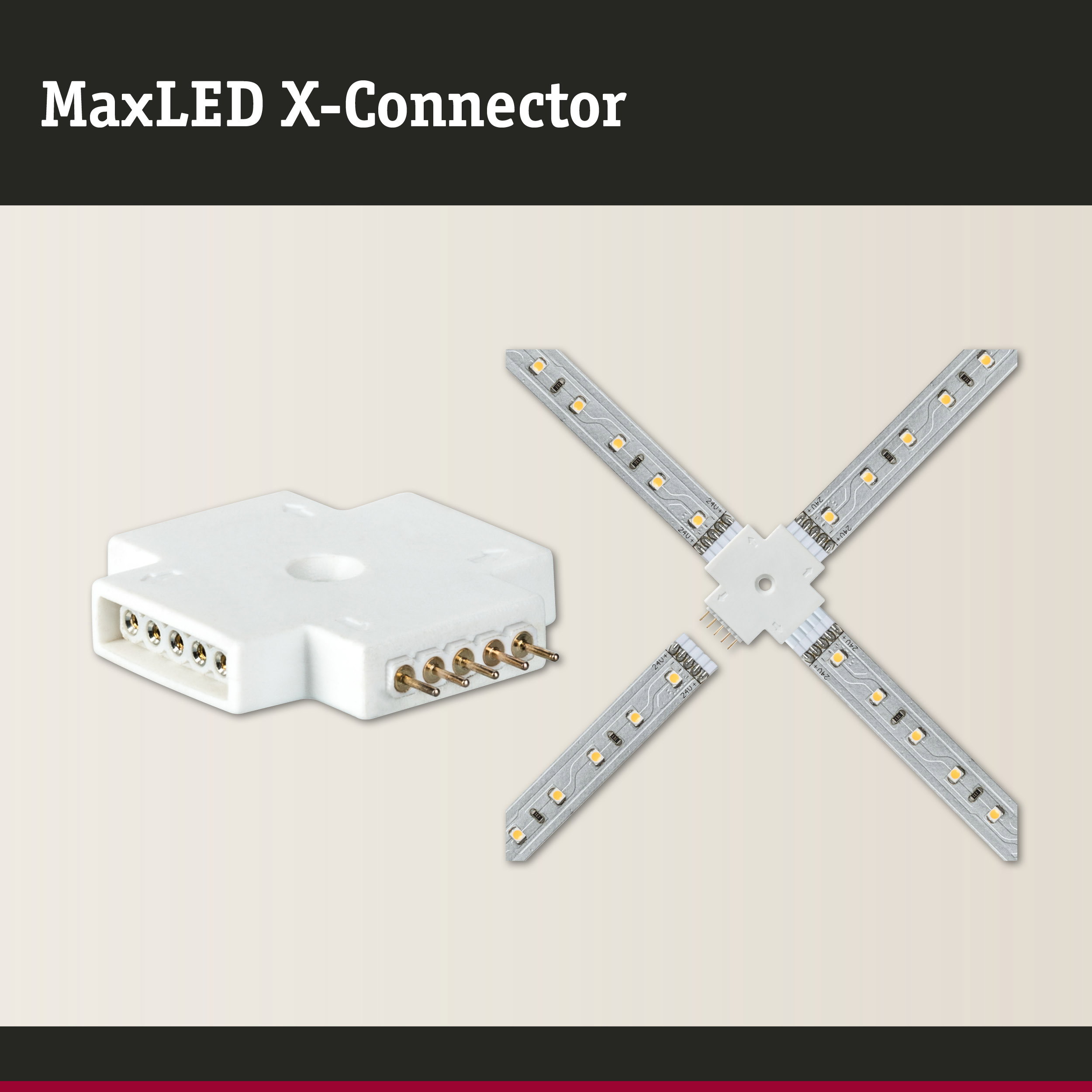 MaxLED X-Connector: biały łącznik w kształcie litery X z pinami i czterema taśmami LED.