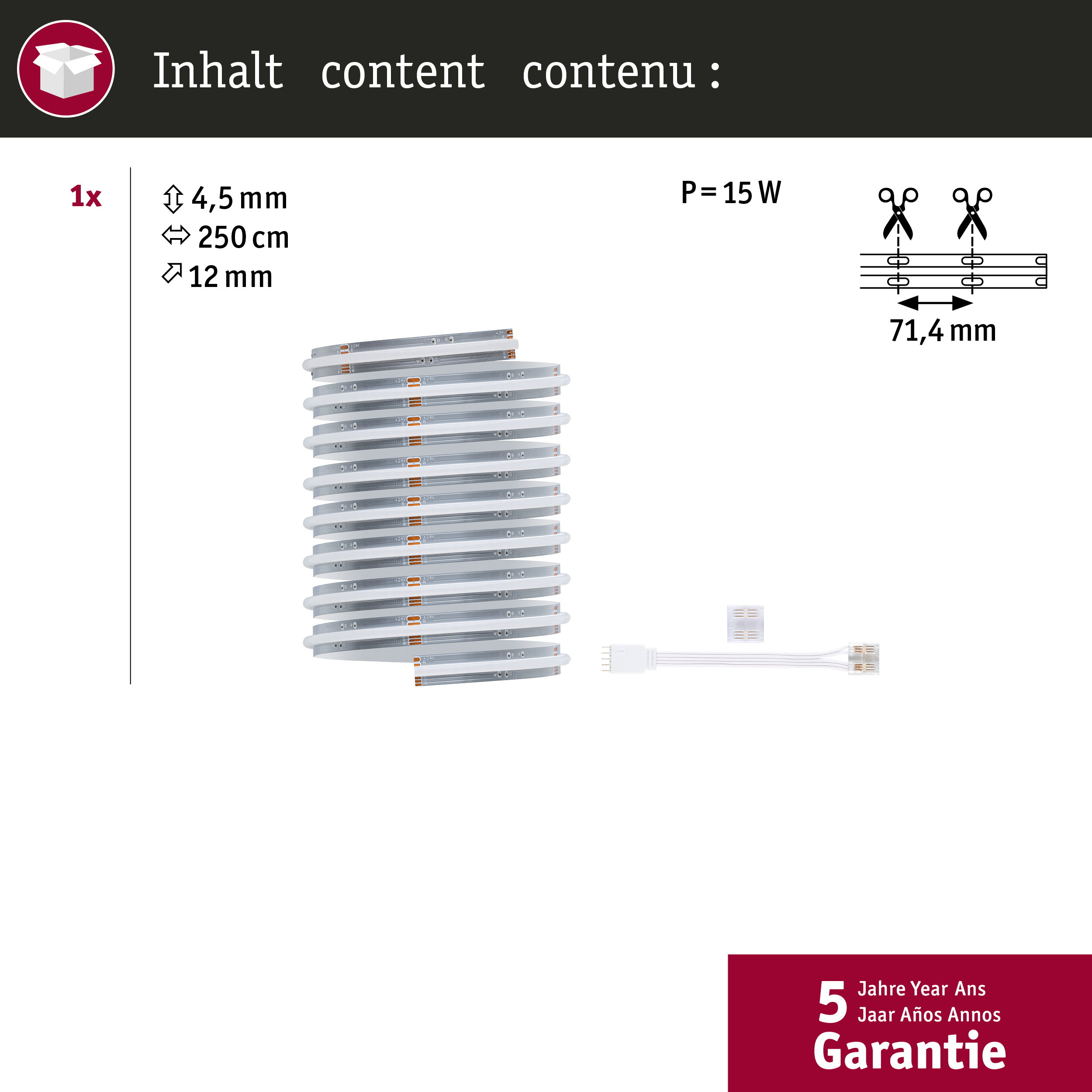 LED-Streifen aufgerollt mit Steckverbinder, Maßen und 5 Jahren Garantie.