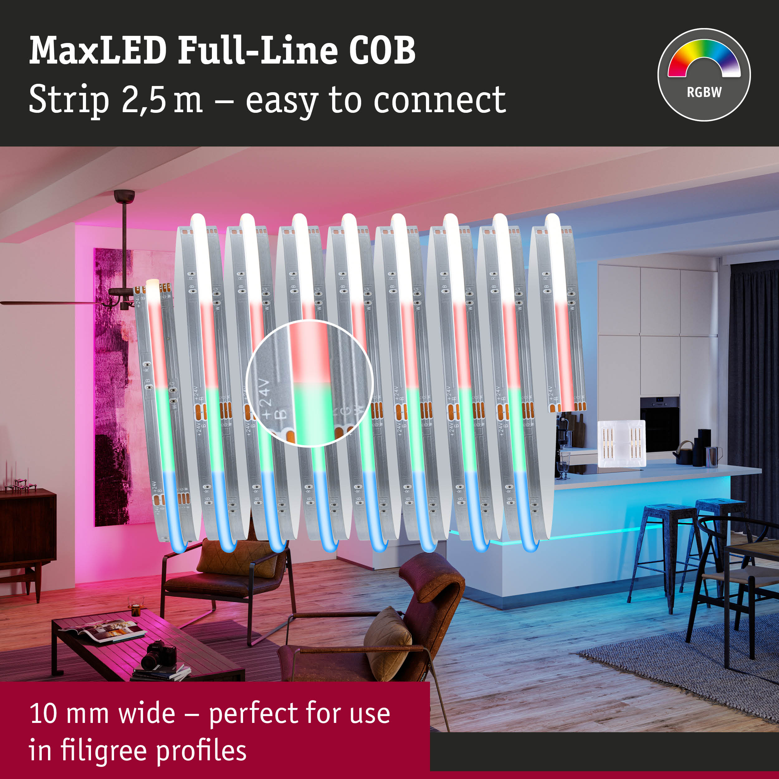 MaxLED Full-Line COB Strip, 2,5 m, RGBW LED-Streifen für helle und gleichmäßige Beleuchtung in einem modernen Raum.