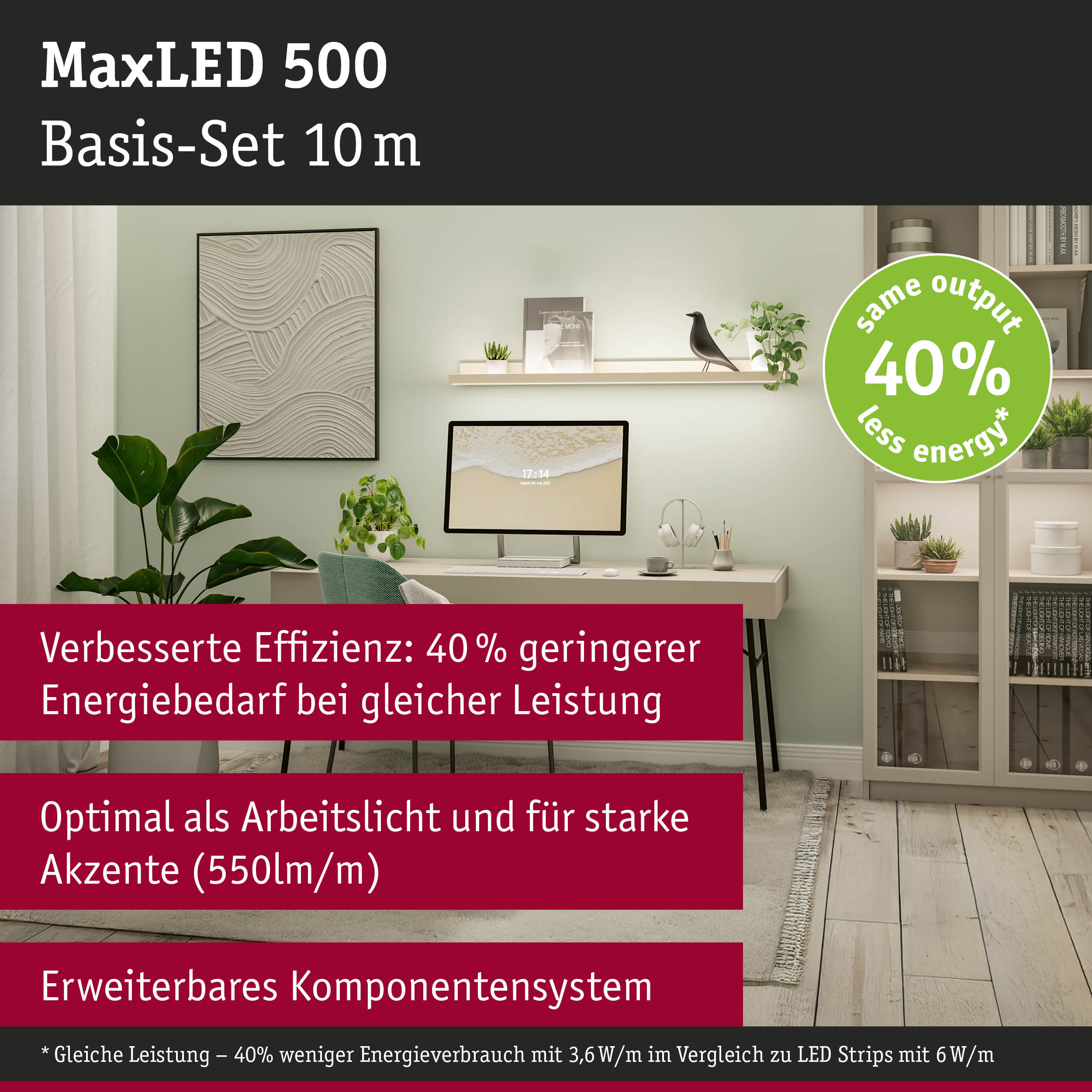 Moderne Schreibtischumgebung mit beleuchtetem Regal, Computer und Pflanzen in einem hellen Raum.