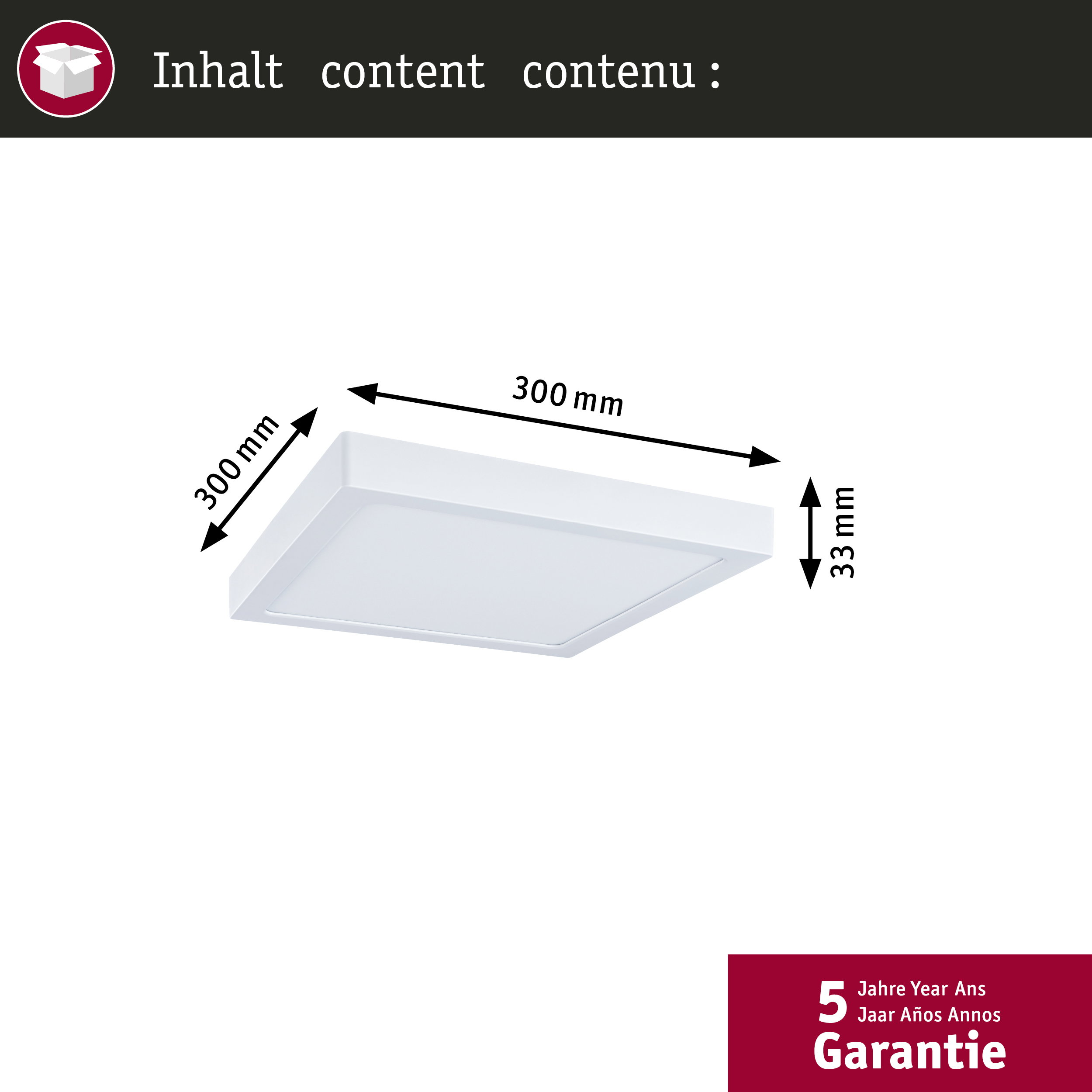 Diagram przedstawiający kwadratową, białą oprawę LED o wymiarach 300x300x33 mm.