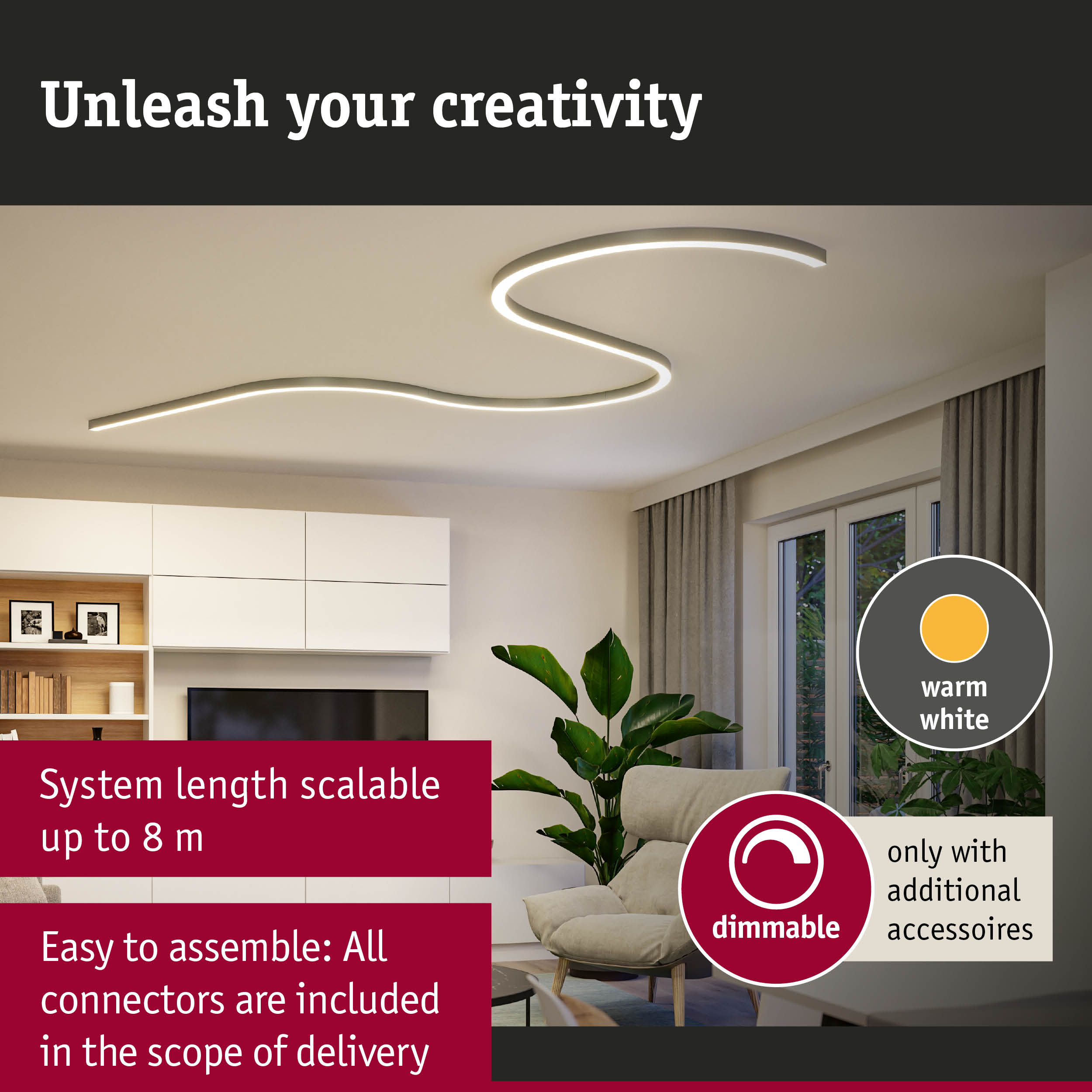 Nowoczesna zakrzywiona lampa sufitowa LED w salonie z tekstem i cechami produktu.