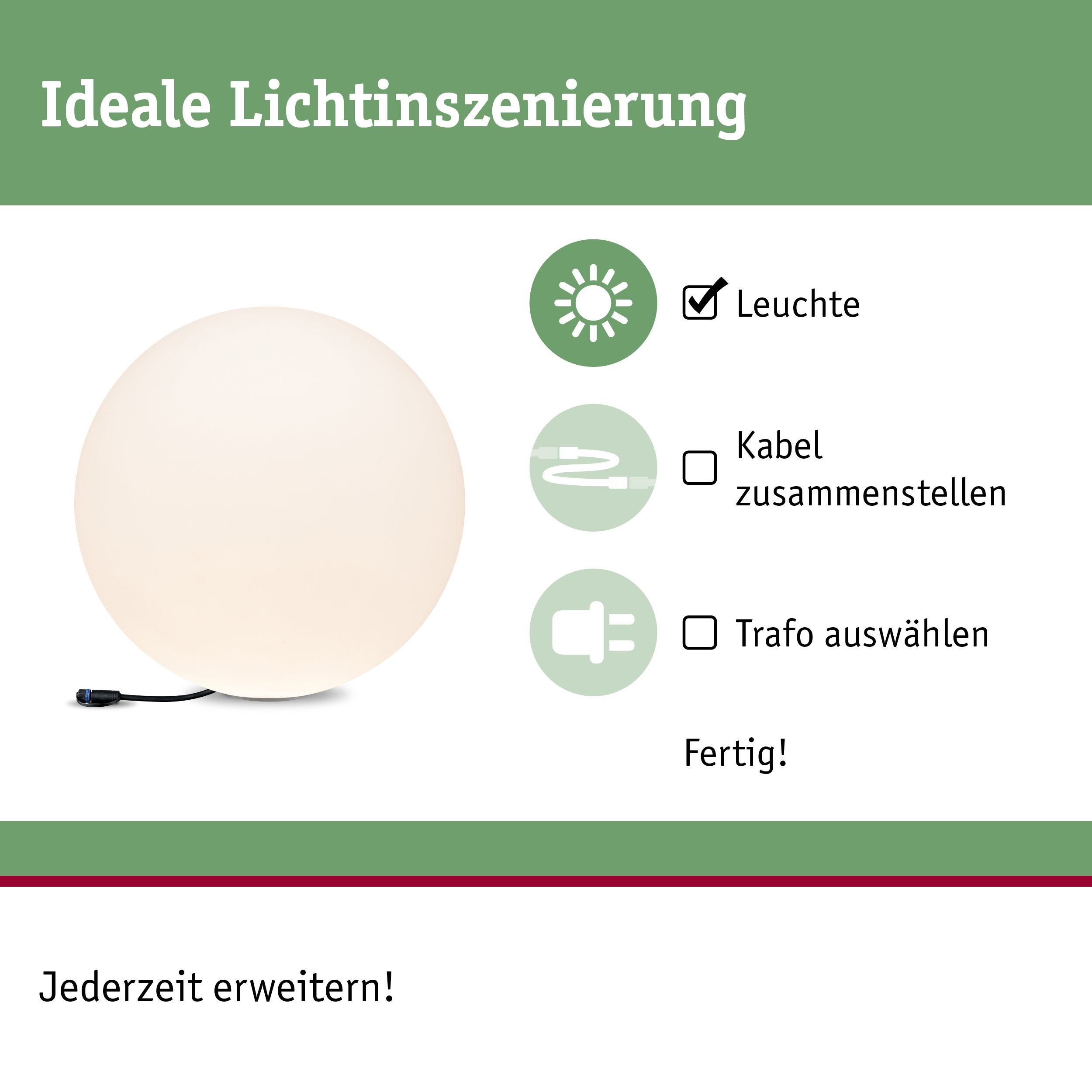 Obraz instruktażowy z lampą kulistą, wyborem kabla i transformatora.