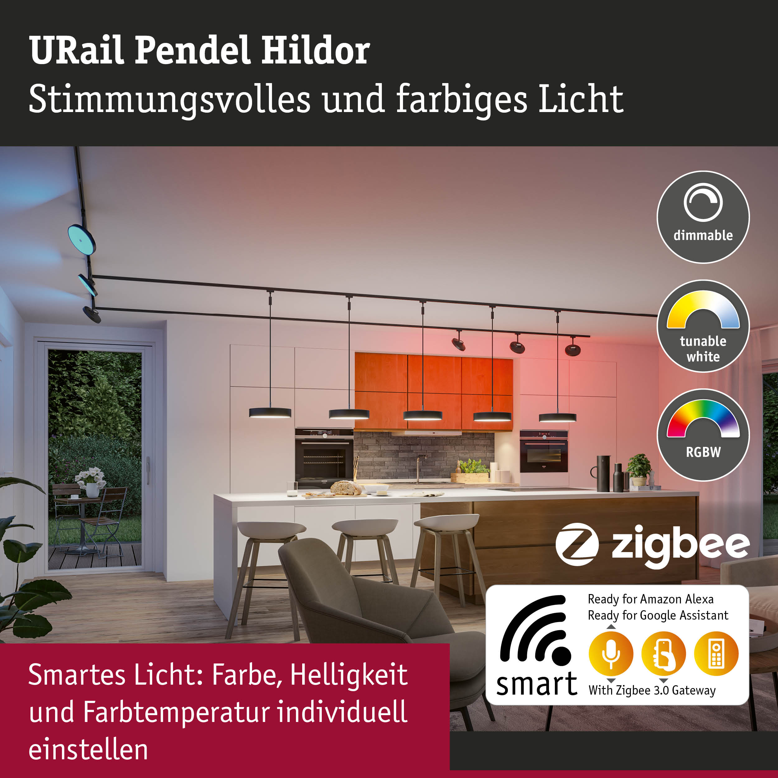 Moderne Pendelleuchte über einer Kücheninsel mit farbiger Beleuchtung und Smart-Home-Symbolen.