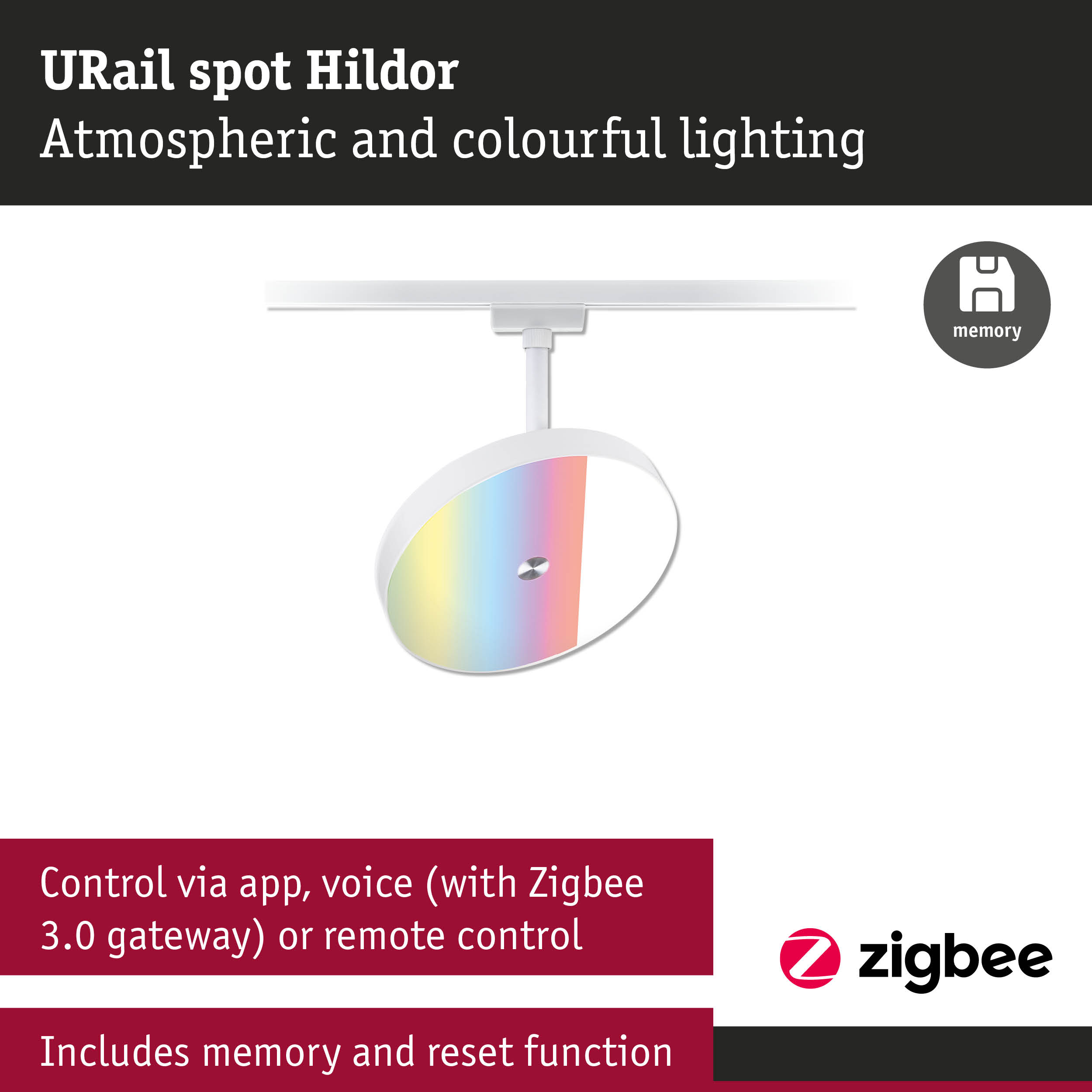 URail Spot Hildor, weiße, runde Leuchte mit Farbverlauf an einem Schienensystem, steuerbar über Zigbee und App.