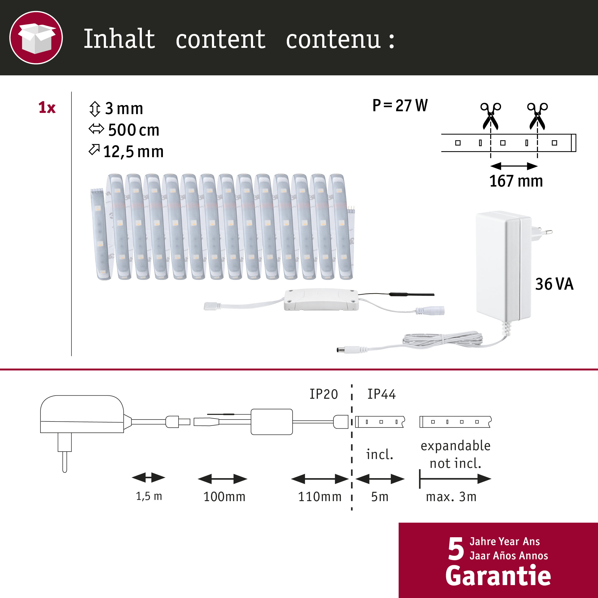Produktinhalt mit LED-Streifen, Netzteil, Maßen, Installationshinweisen und 5 Jahren Garantie.
