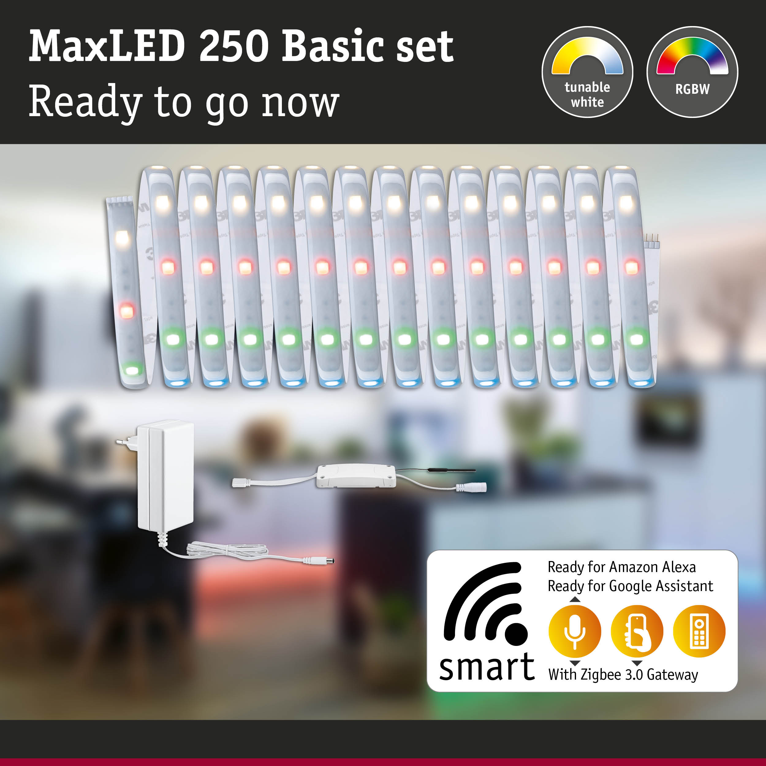 MaxLED 250 Basic Set LED-Streifen mit Netzteil, Controller und Smart-Home-Kompatibilität.