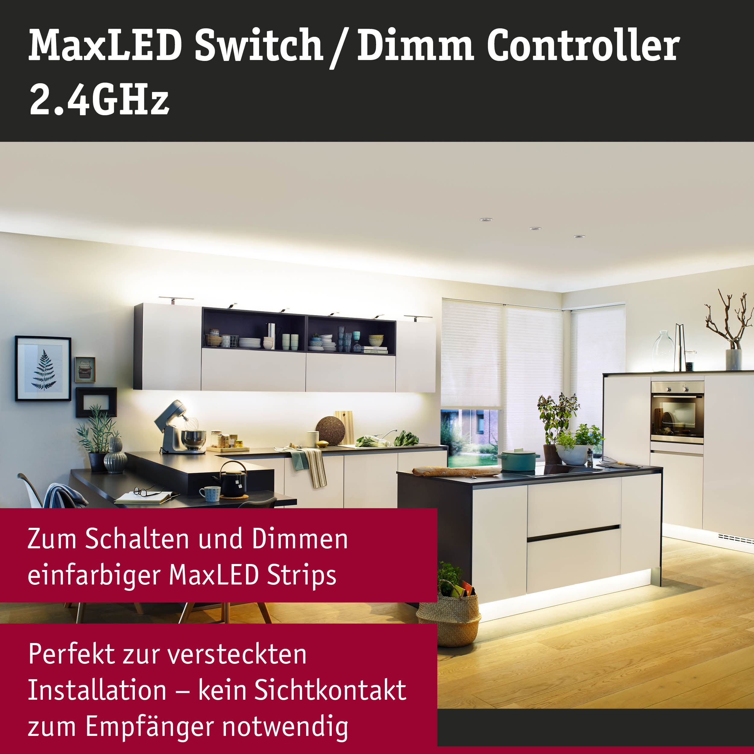 Moderne weiße Küche mit LED-Beleuchtung unter Schränken und an der Kochinsel.