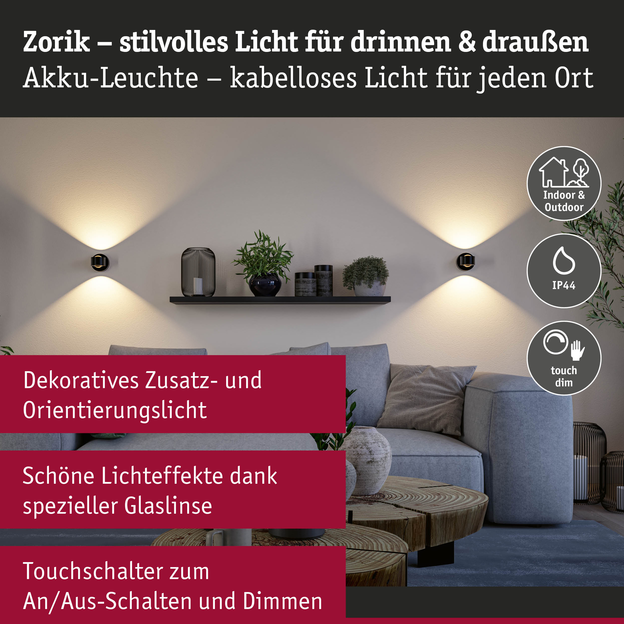 Stilvolle Akku-Wandleuchte Zorik im modernen Wohnzimmer mit Up-and-Down-Lichteffekt.