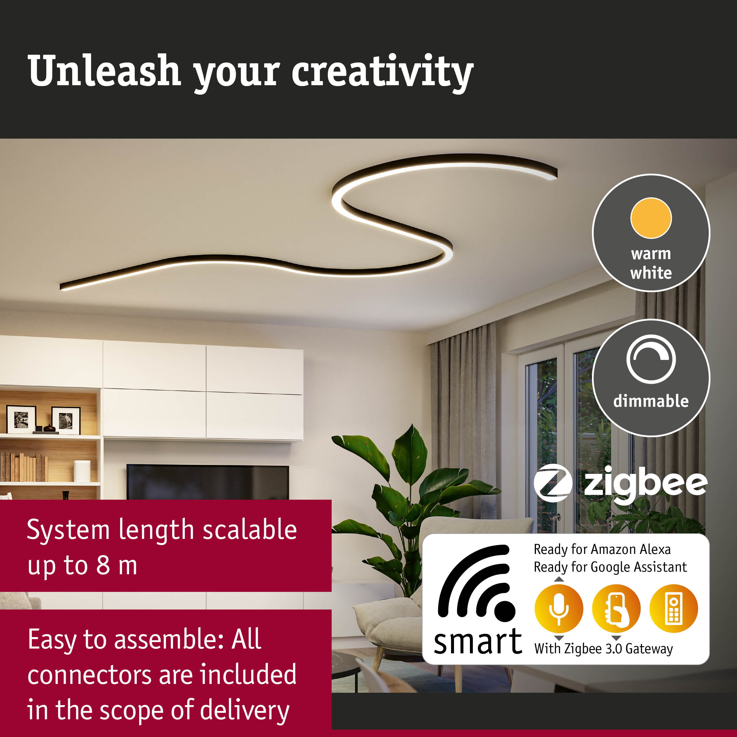 Wohnzimmer mit wellenförmiger, dimmbarer LED-Deckenleuchte, smarten Funktionen und Textoverlays zu Features.