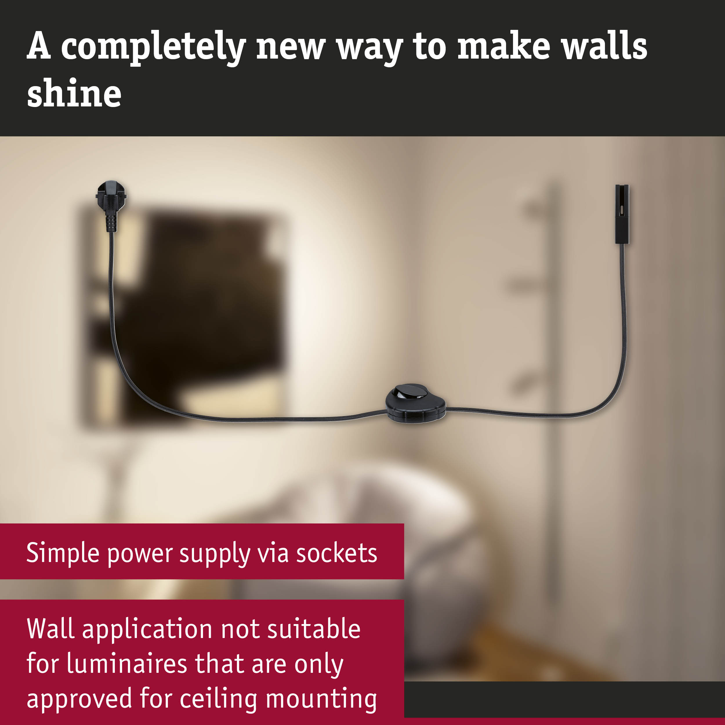 Ein schwarzes Netzkabel mit Stecker, Schalter und Anschluss vor verschwommenem Hintergrund.