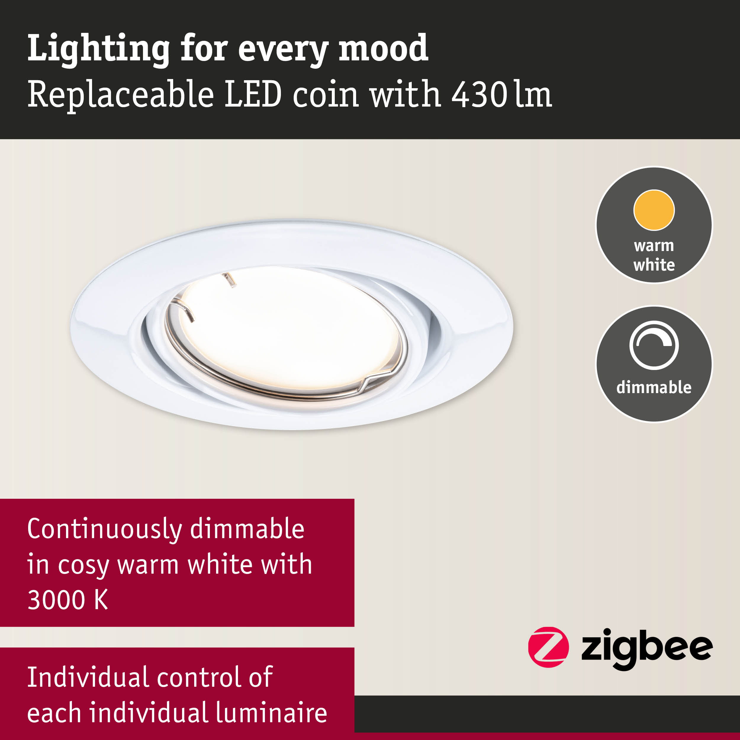Reklama ściemnialnej oprawy LED o ciepłej barwie światła ze sterowaniem Zigbee i 430 lm.