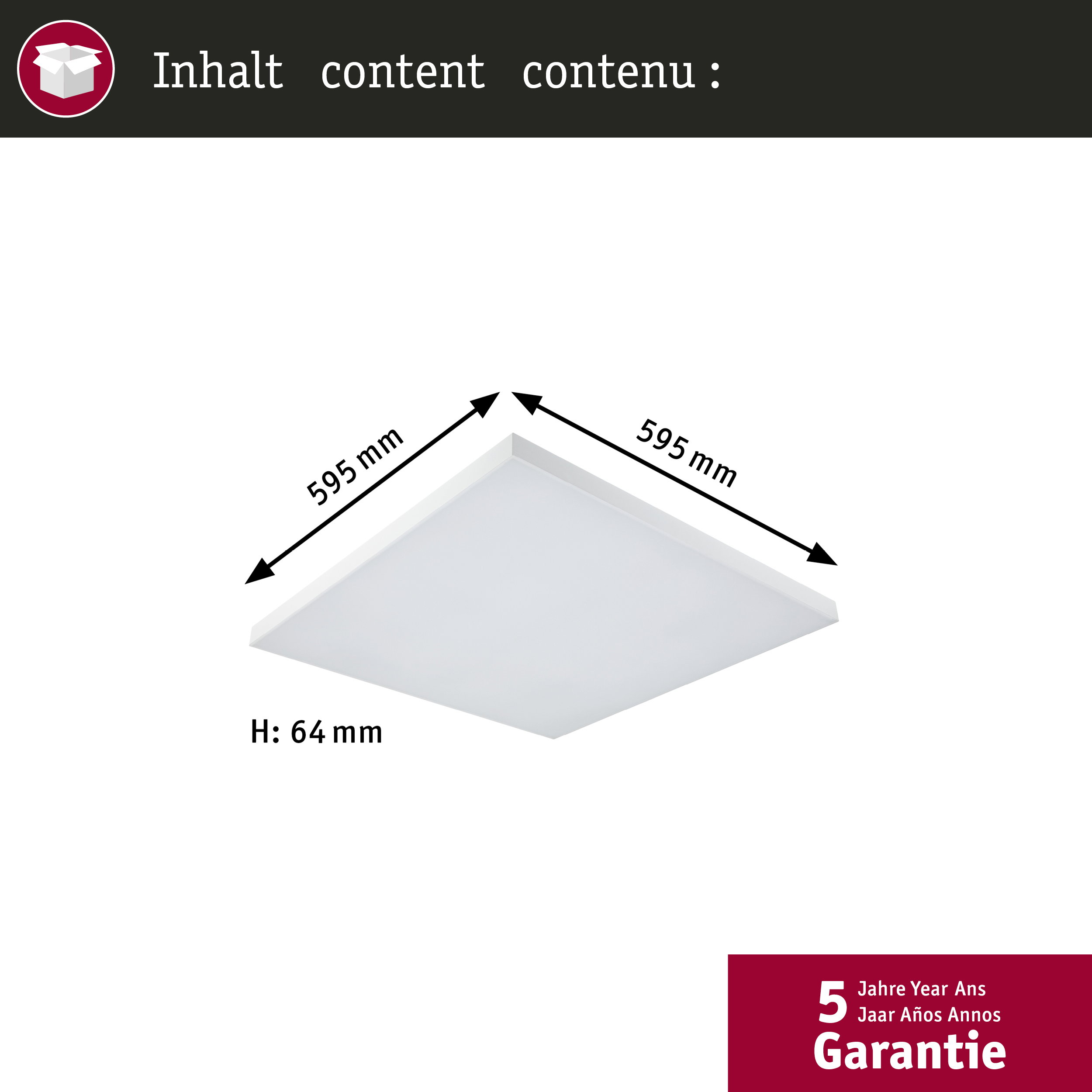 Disegno tecnico di un apparecchio di illuminazione quadrato con dimensioni 595x595x64 mm e 5 anni di garanzia.