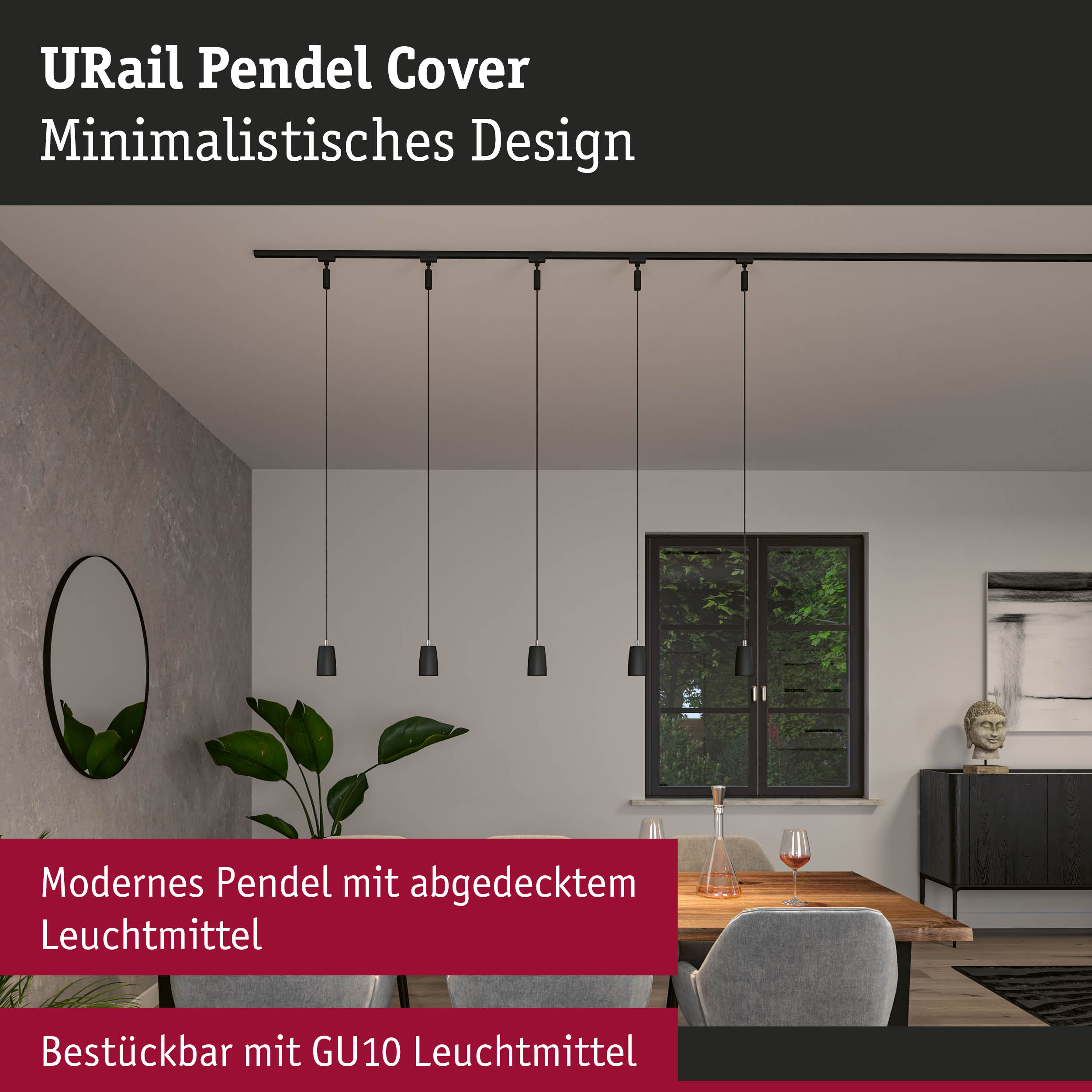 Moderne lampade a sospensione nere sopra un tavolo in legno in una stanza minimalista.