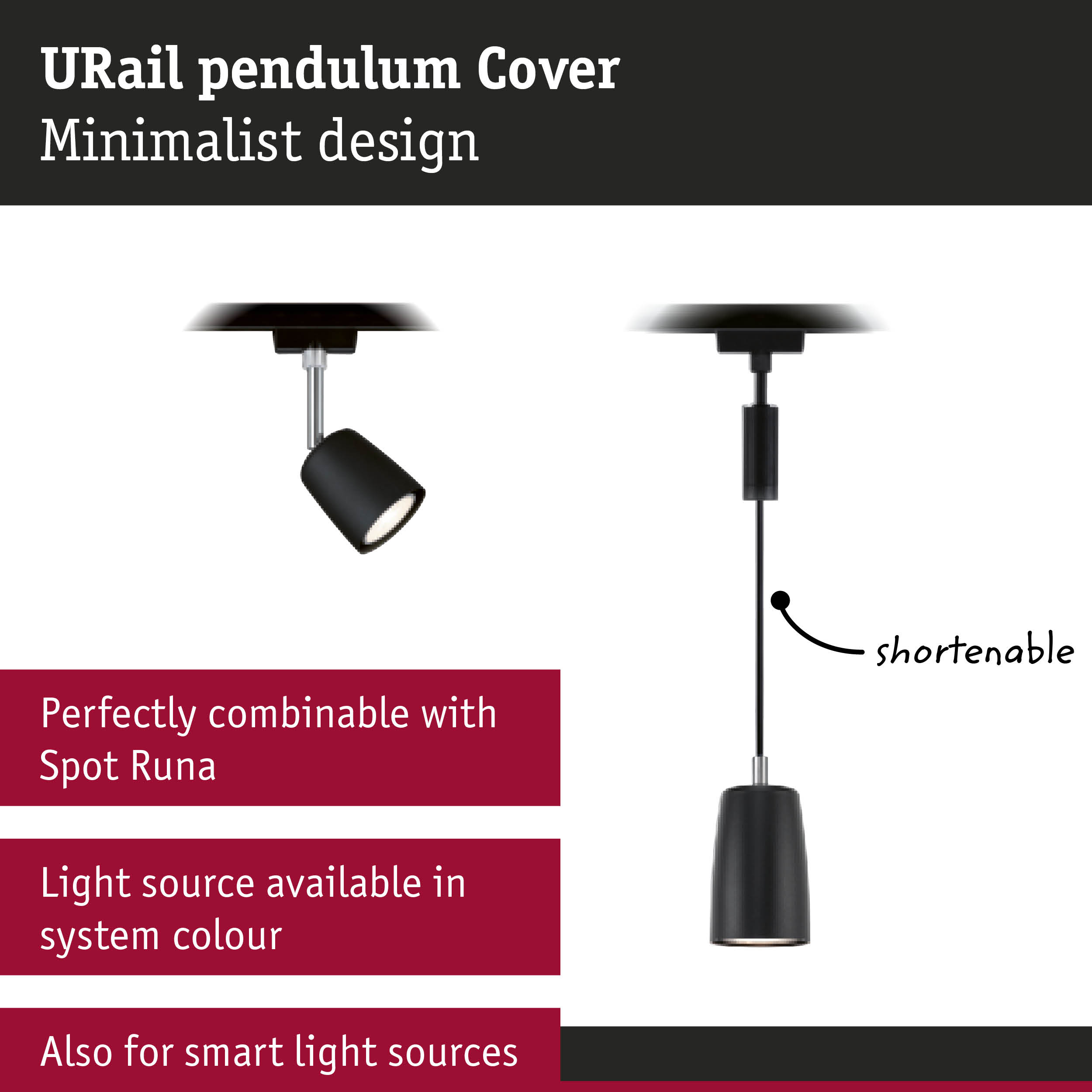 Copertura a sospensione URail dal design minimalista, combinabile con Spot Runa e fonti luminose intelligenti.