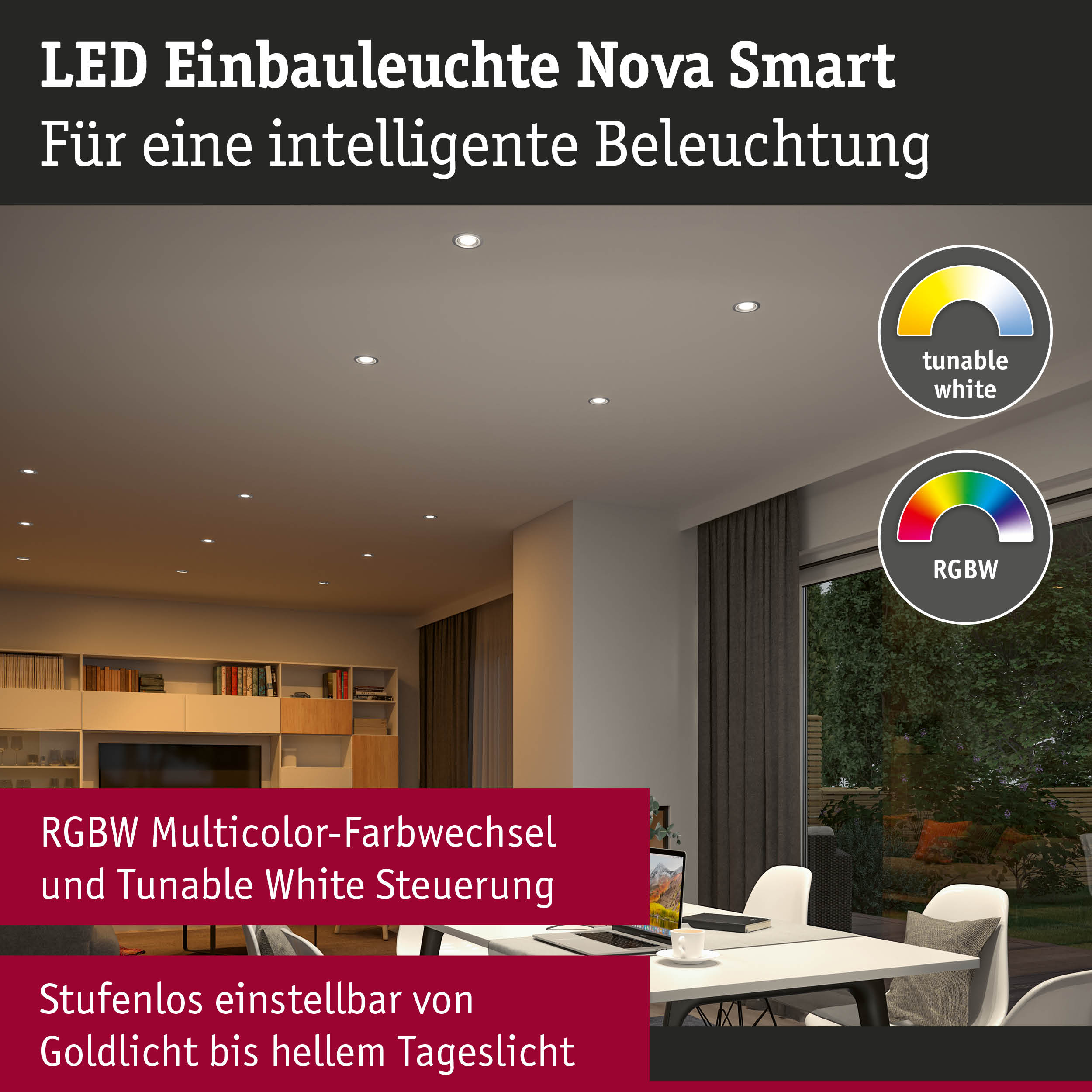 Inteligentne lampy sufitowe LED w nowoczesnym salonie z tekstem.