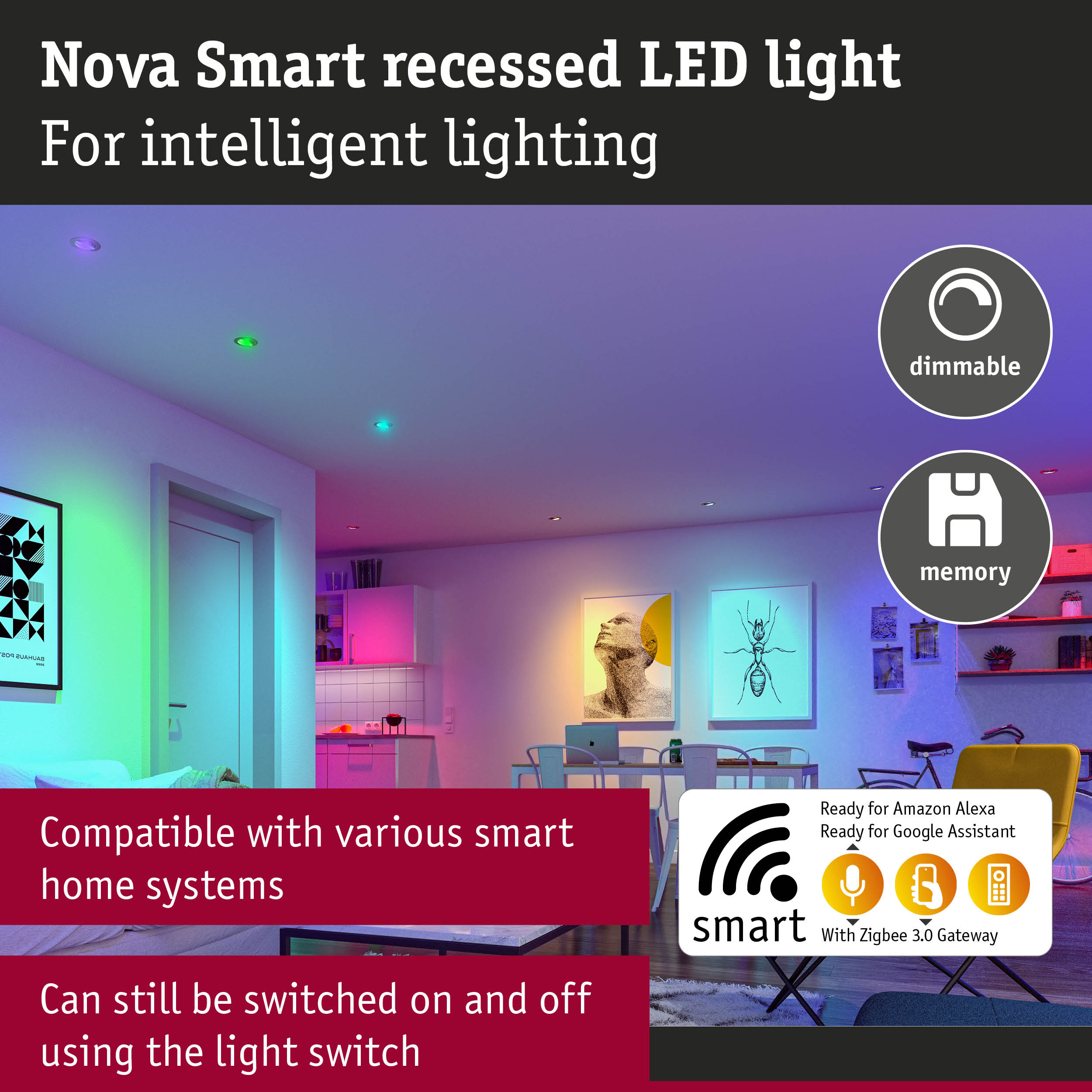 Salon z kolorowymi wpuszczanymi lampami LED, kompatybilny z systemami smart home, ściemniany i sterowany głosem.